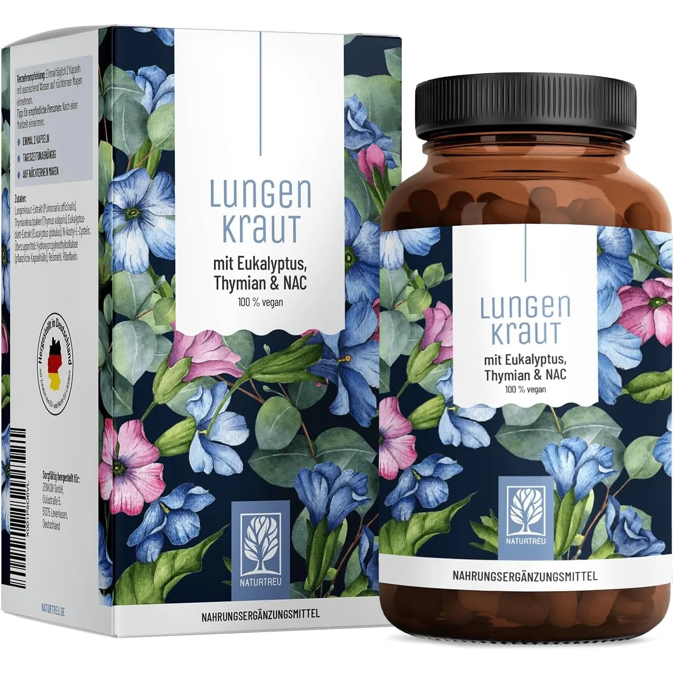 NATURTREU Lungenkraut Kapseln - Extrakt aus 3.000mg Lungenkraut | pro Tagesdosis, Hochdosiert und optimal ergänzt mit T…