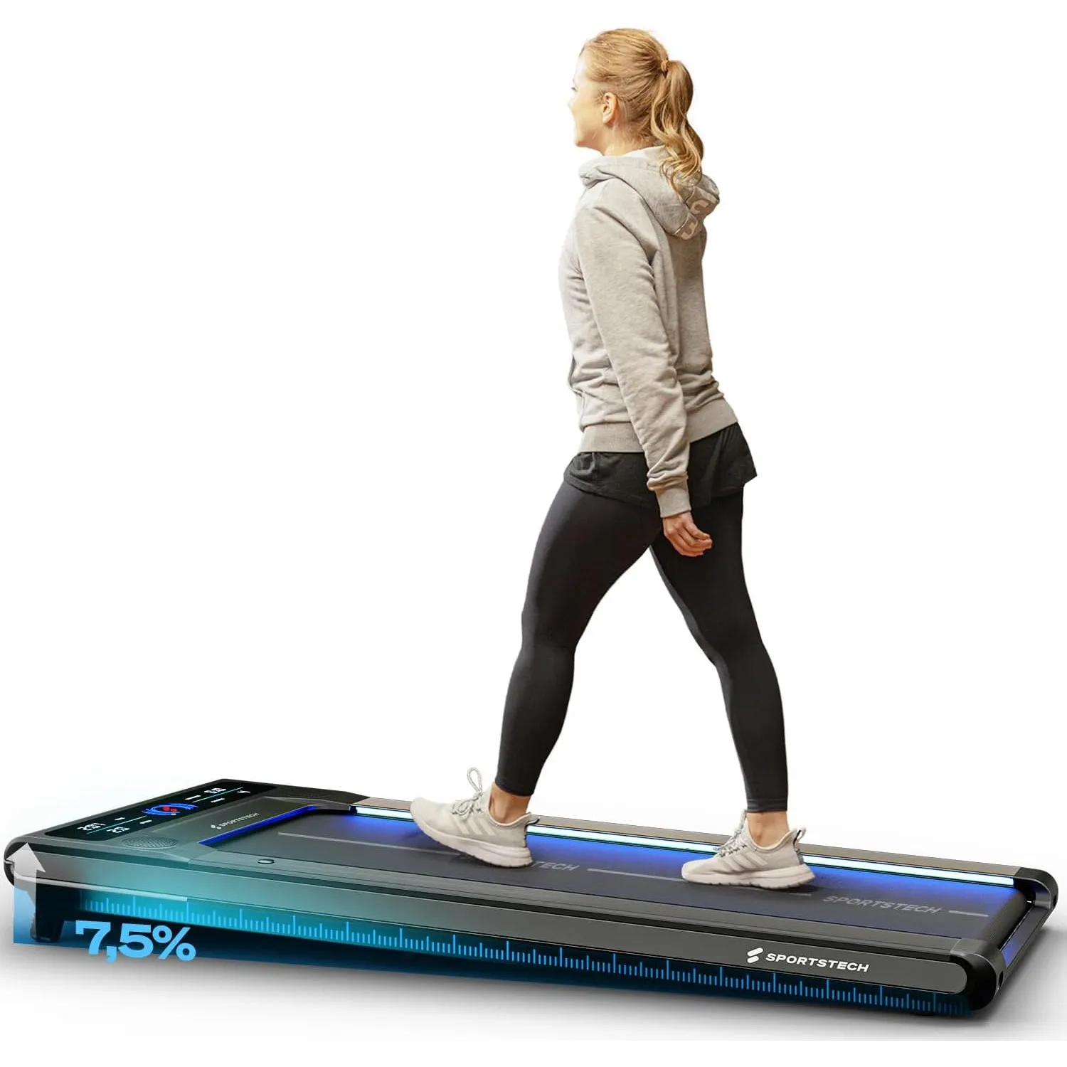 Sportstech Walking Pad mit Steigung, 150 kg belastbar, 8 km/h, Under Desk | Laufband für Zuhause Schreibtisch mit LED-B…