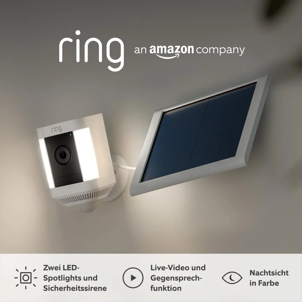 Ring Spotlight Cam Plus Solar | 1080p-HD-Video, Gegensprechfunktion, Nachtsicht in Farbe, LED-Spotlights, Sirene, Selbs…
