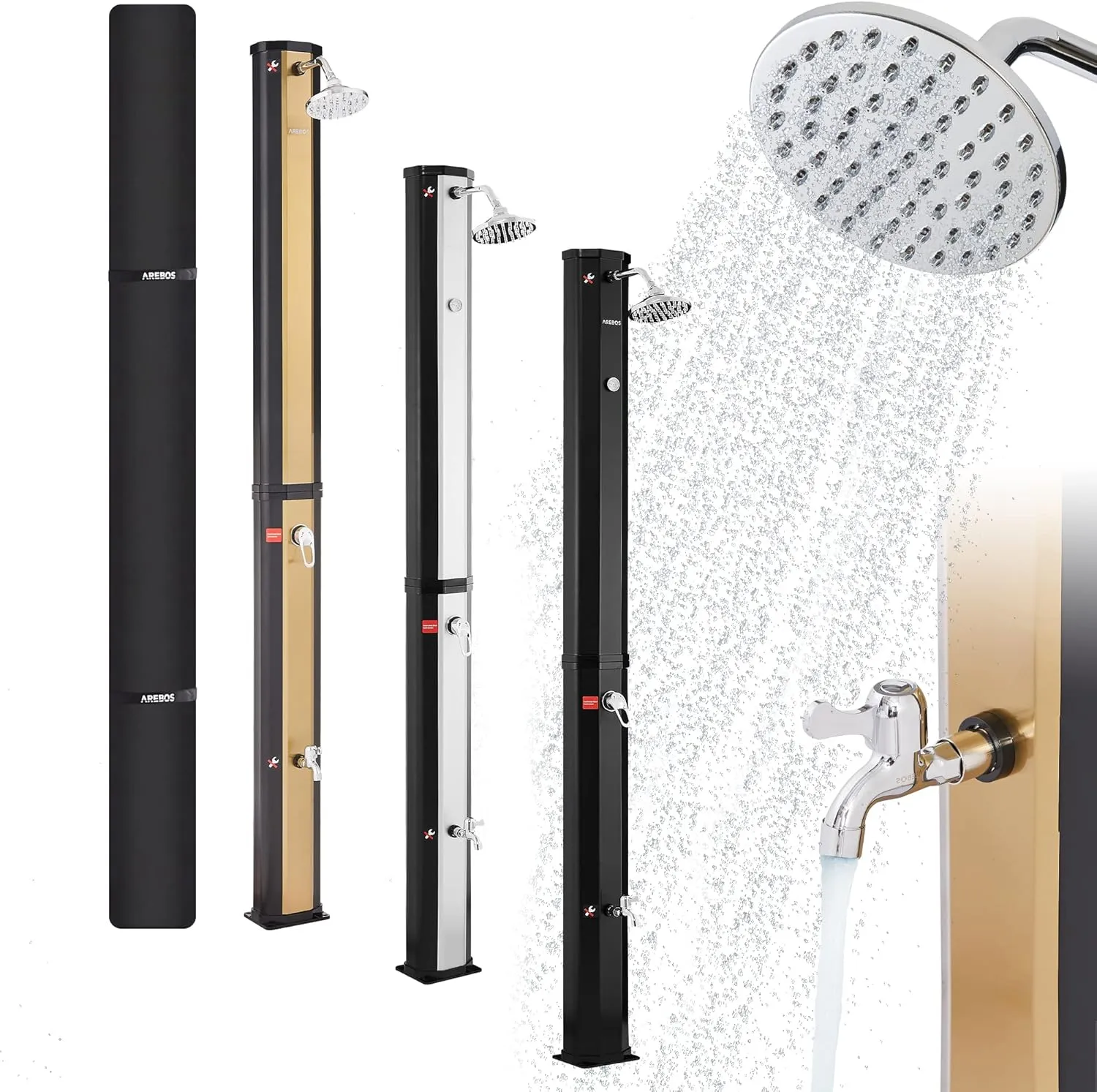 Arebos Solar Shower 35 L, with Integrated Foot Shower, Round Shower Head, Snap-in Technology, Water Temperature up to 6…
