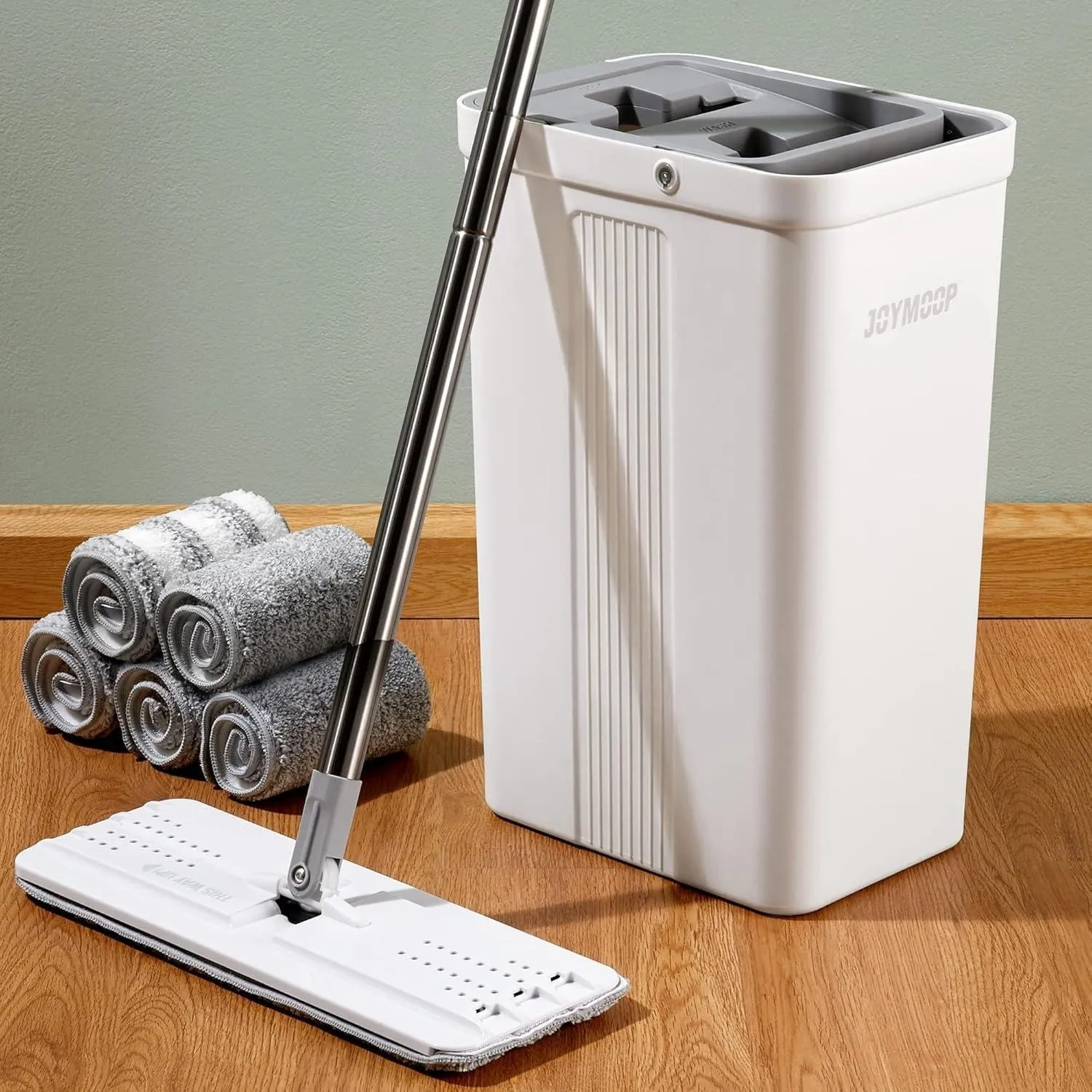 JOYMOOP Wischmopp und Eimer mit Auswringer-Set, Flacher Bodenwischer und Eimer, Mopp für die Bodenreinigung mit 5 Mikro…