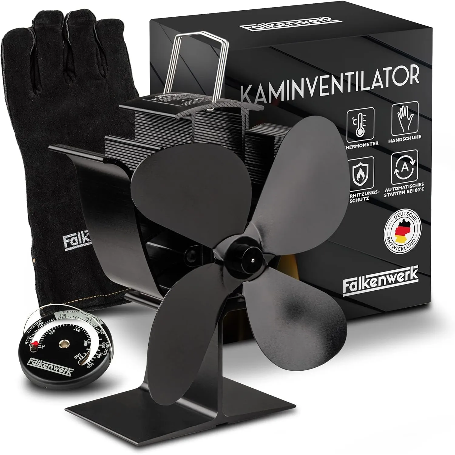 FALKENWERK Ofenventilator ohne Strom inkl. Kaminthermometer & Ofenhandschuh - Leiser Kaminventilator - Wärmebetriebener…