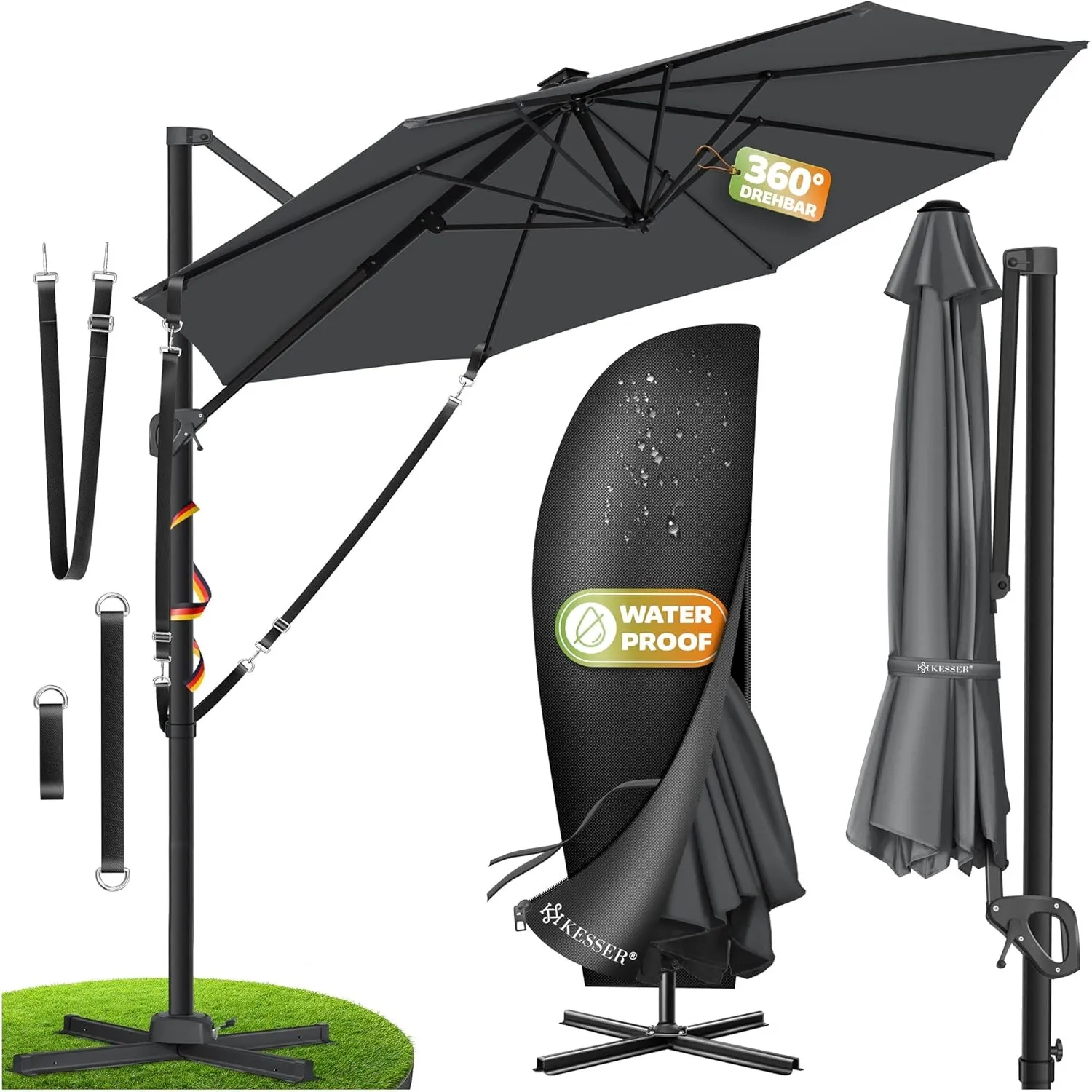 KESSER® Sonnenschirm Ampelschirm SUN XL 300 x 300 cm Inkl. Abdeckung + Windsicherung Drehbar Neigbar Kippbar Marktschir…