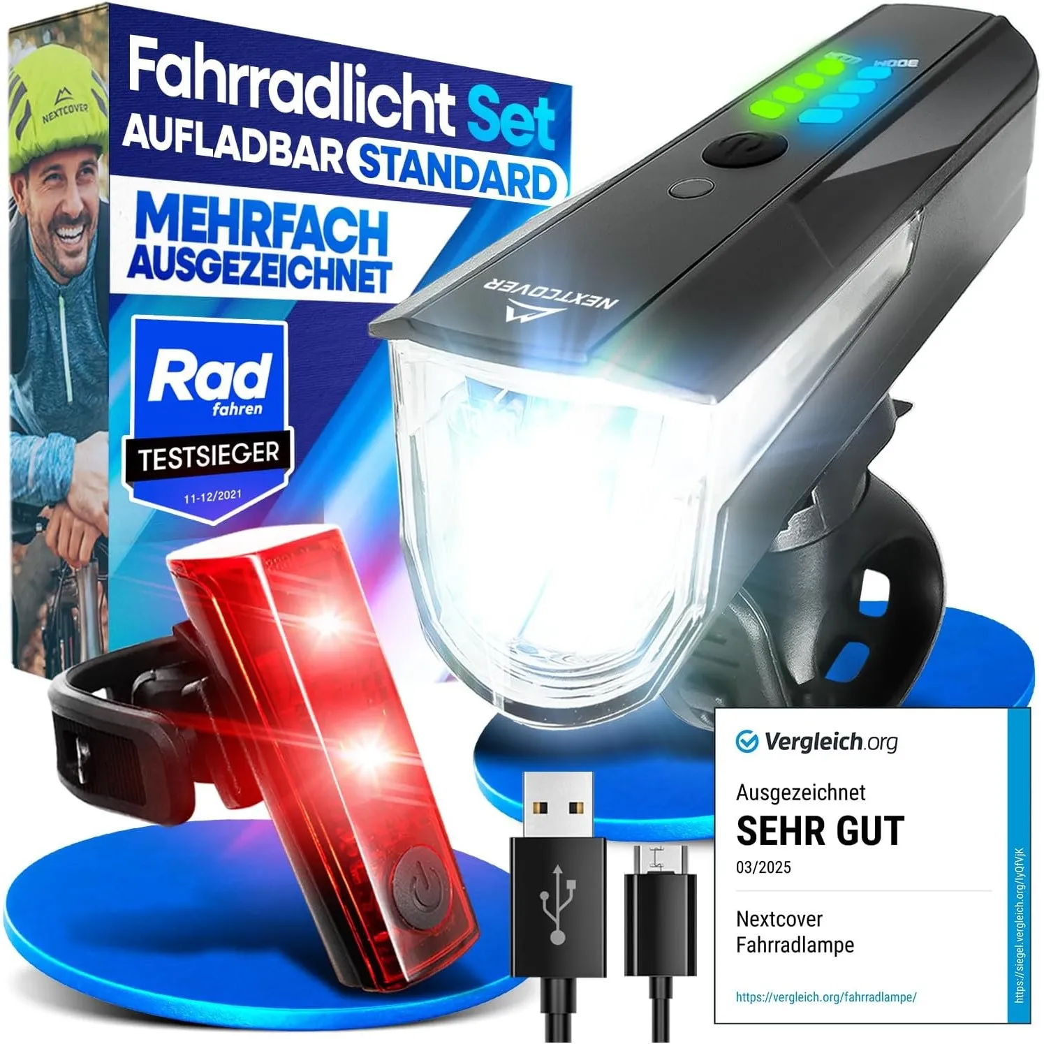 NEXTCOVER® Fahrradlicht Set mit [LightSense] Sensor & 11h Akkulaufzeit I USB aufladbar & wasserdicht I StVZO zugelassen…