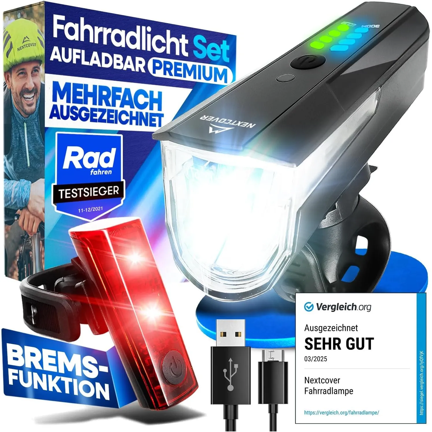 NEXTCOVER® Fahrradlicht Set mit [LightSense] Sensor & 11h Akkulaufzeit I USB aufladbar & wasserdicht I StVZO zugelassen…