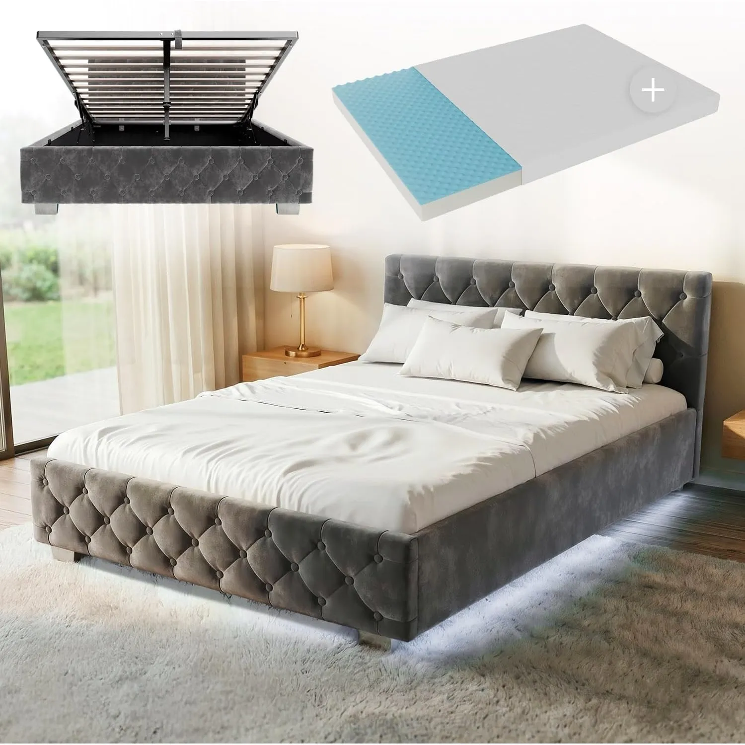 Juskys Polsterbett Nizza 140x200 cm mit Matratze, Bettgestell mit Lattenrost, Stauraum & LED Beleuchtung, Samtbezug, Ch…
