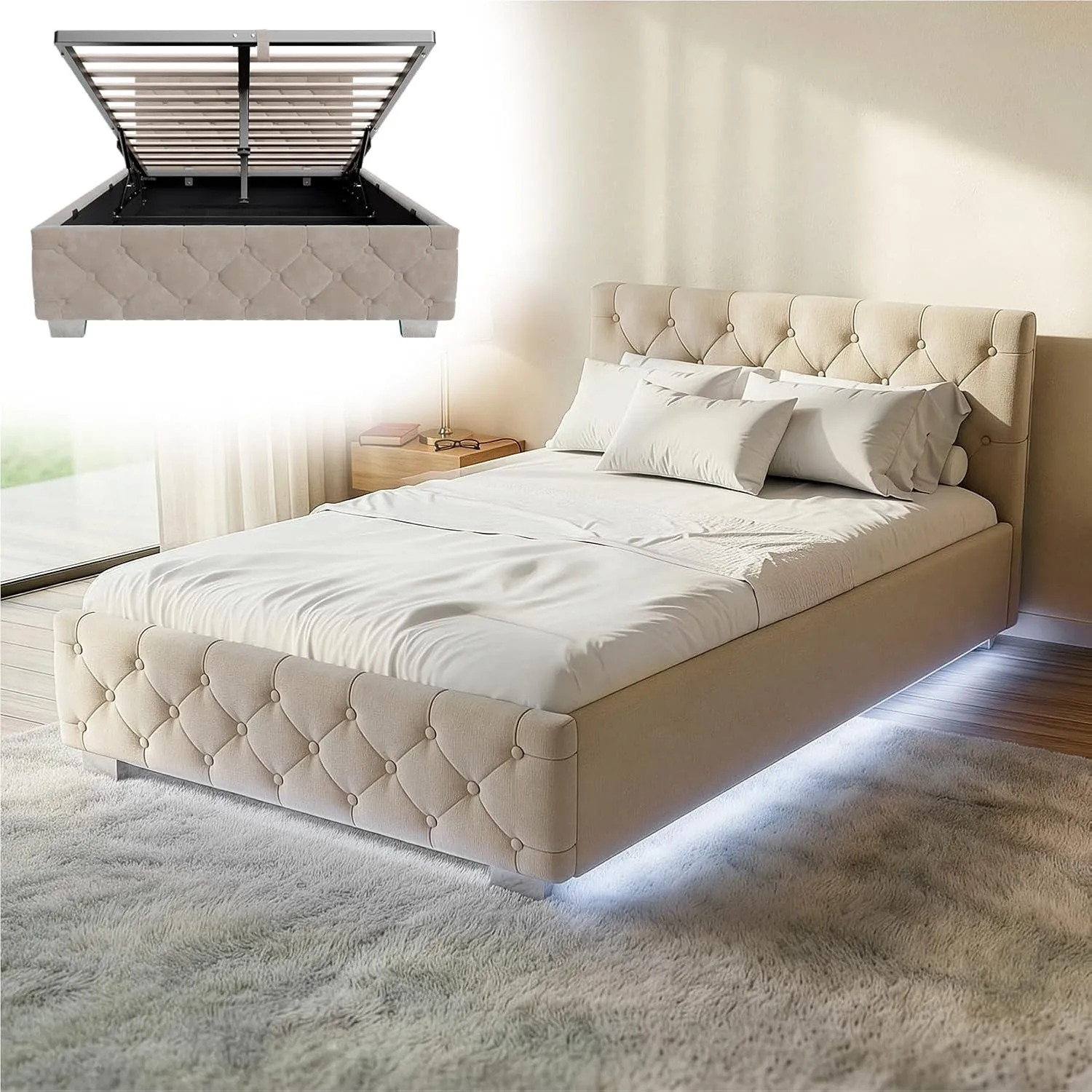 Juskys Polsterbett Nizza 120x200 cm Samt mit Stauraum, LED Beleuchtung & Lattenrost - Chesterfield Steppung & Kopfteil …