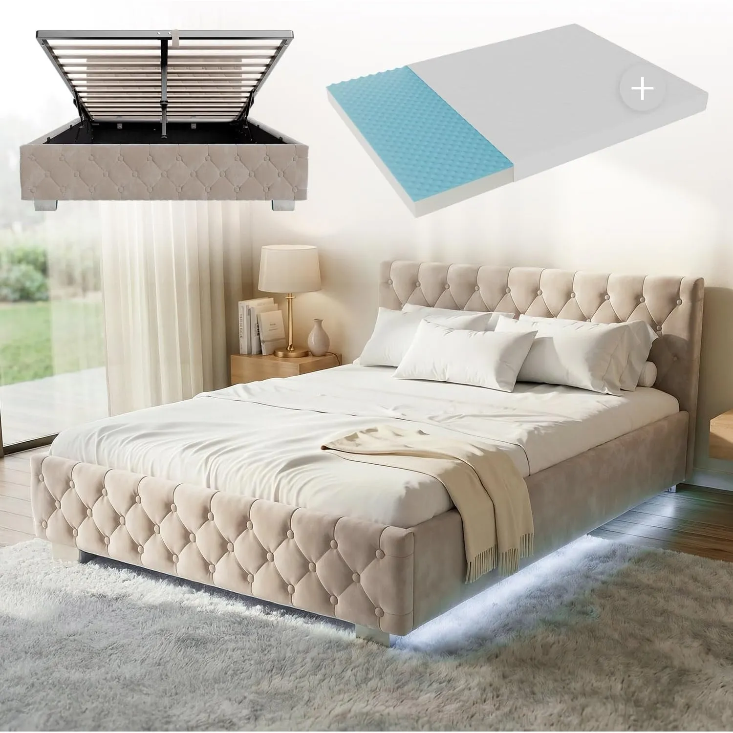 Juskys Polsterbett Nizza 140x200 cm mit Matratze, Bettgestell mit Lattenrost, Stauraum & LED Beleuchtung, Samtbezug, Ch…