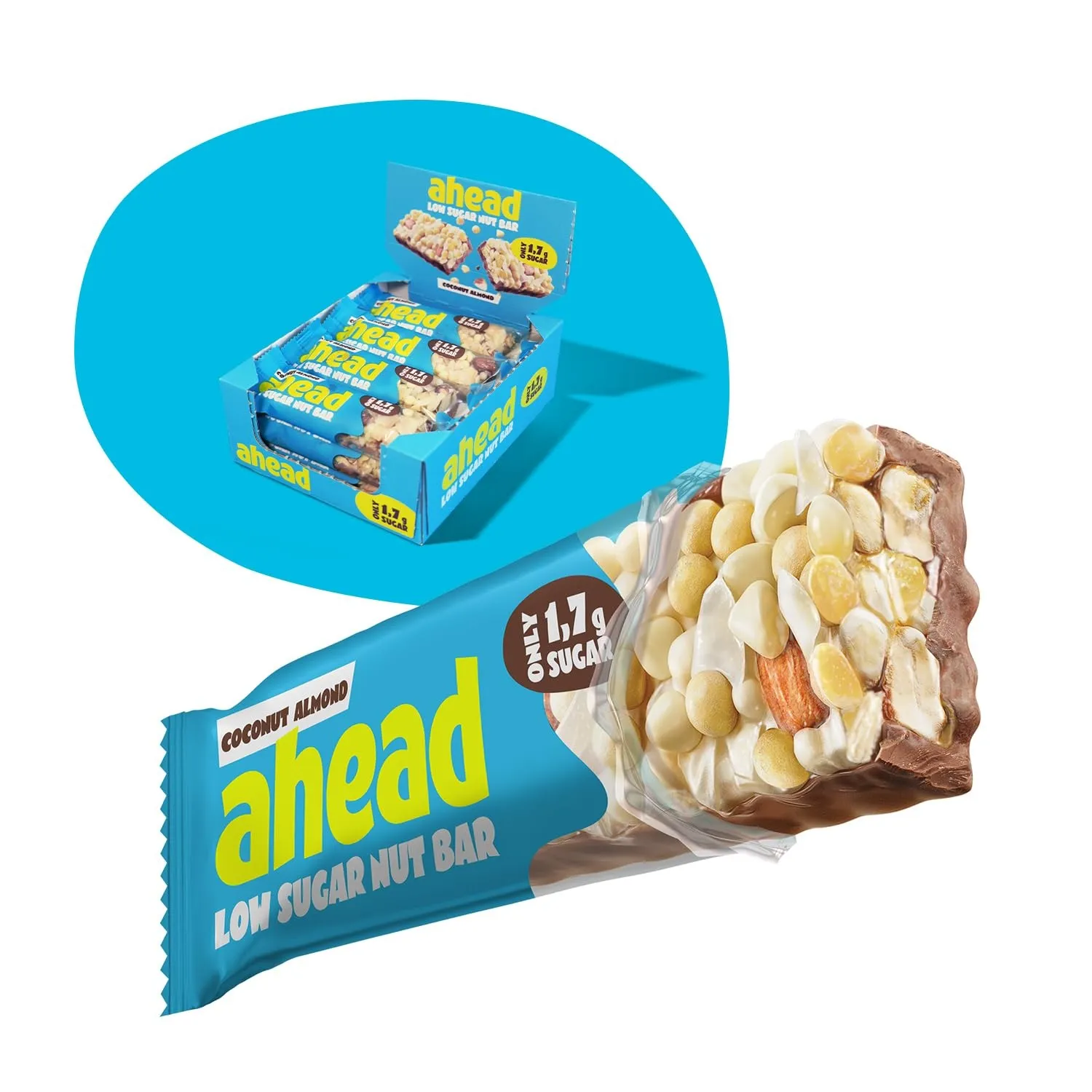 AHEAD Low Sugar Nut Bar | Nussriegel Müsliriegel ohne Zuckerzusatz mit Kokosnuss, Mandeln & Weißer Schokolade - 12x35g …
