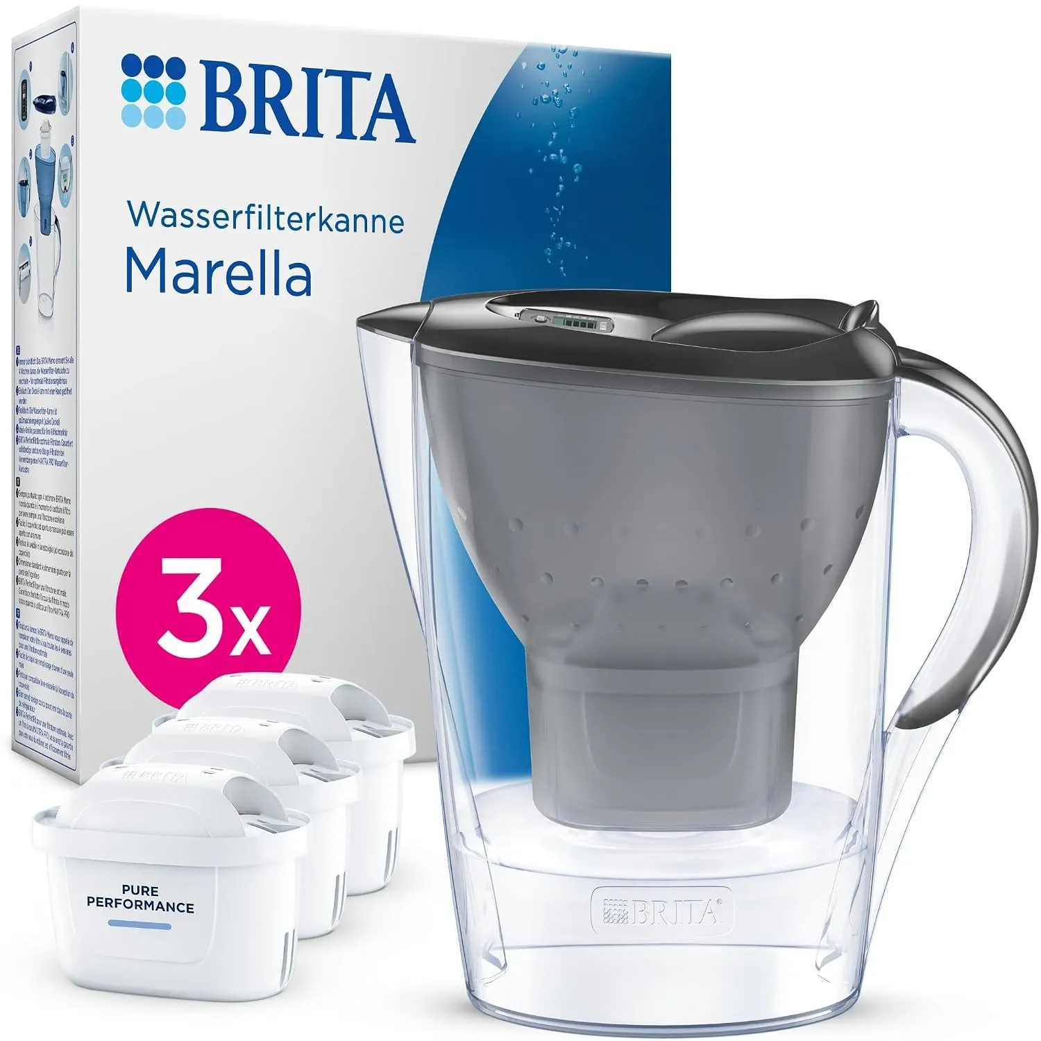 BRITA Wasserfilter-Kanne MAXTRA Marella, 3x Pure Performance Kartusche