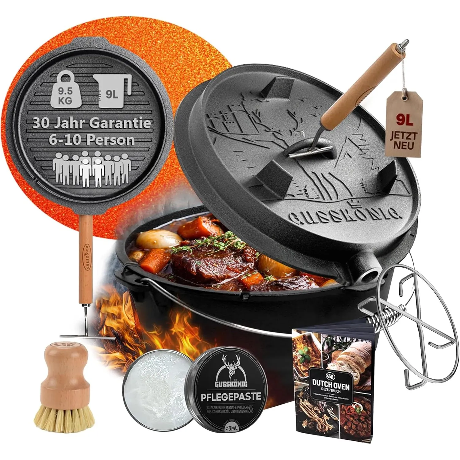 GUSSKÖNIG Dutch Oven Set-Eingebrannter Dutch Oven 9L [6-10 Person]-Feuertopf Gusseisen ohne Füßen-Schmortopf Doppelfunk…