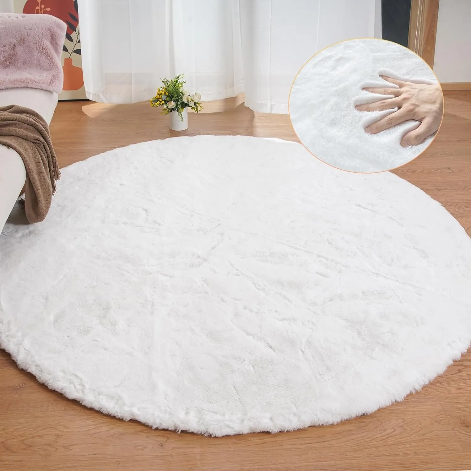 ORINOVA Teppich Rund Weiß 240 cm Flauschig Schlafzimmer Wohnzimmer Runder Kunstfell Teppich Weich Waschbar Gegend Fellt…