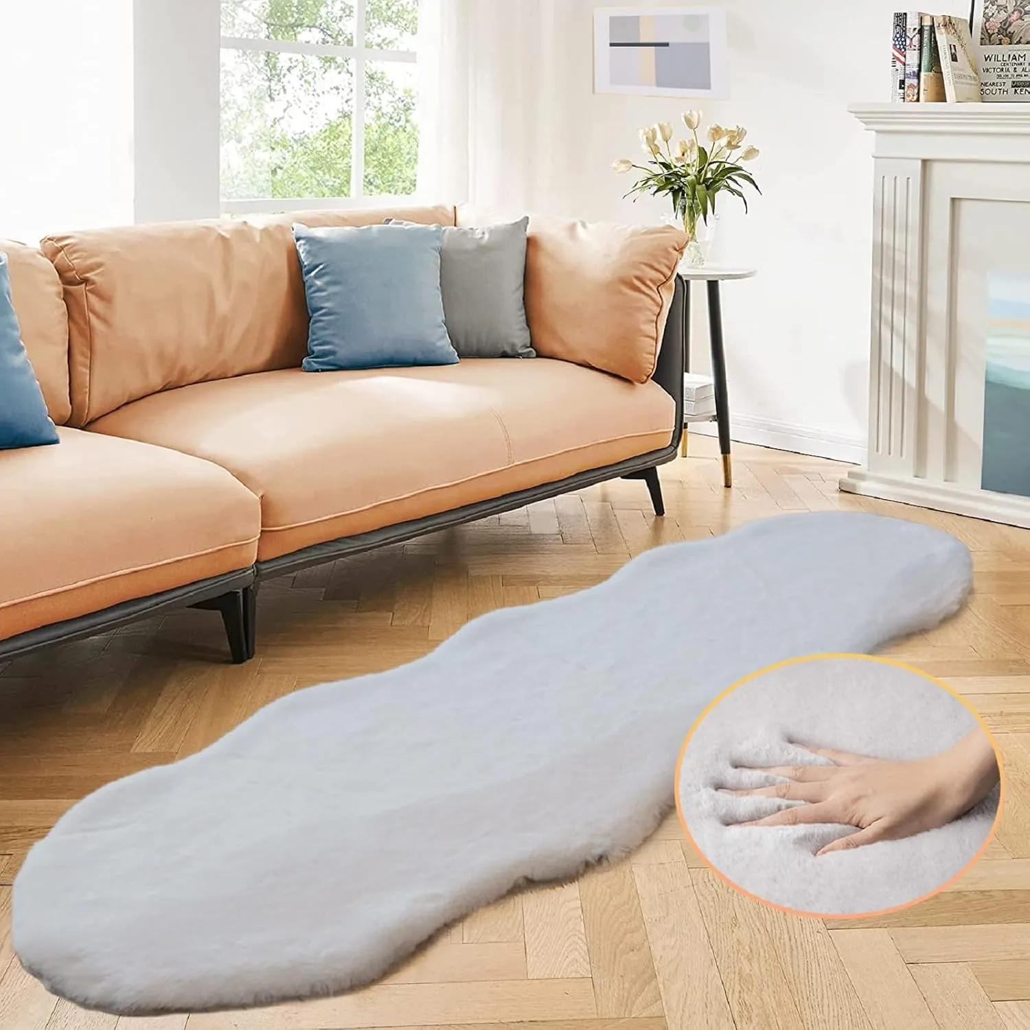 ORINOVA Teppich Schlafzimmer Bettvorleger Flauschig Grau Fellteppich 60x180 cm Kunstfell Teppich Weich Wohnzimmer Wasch…