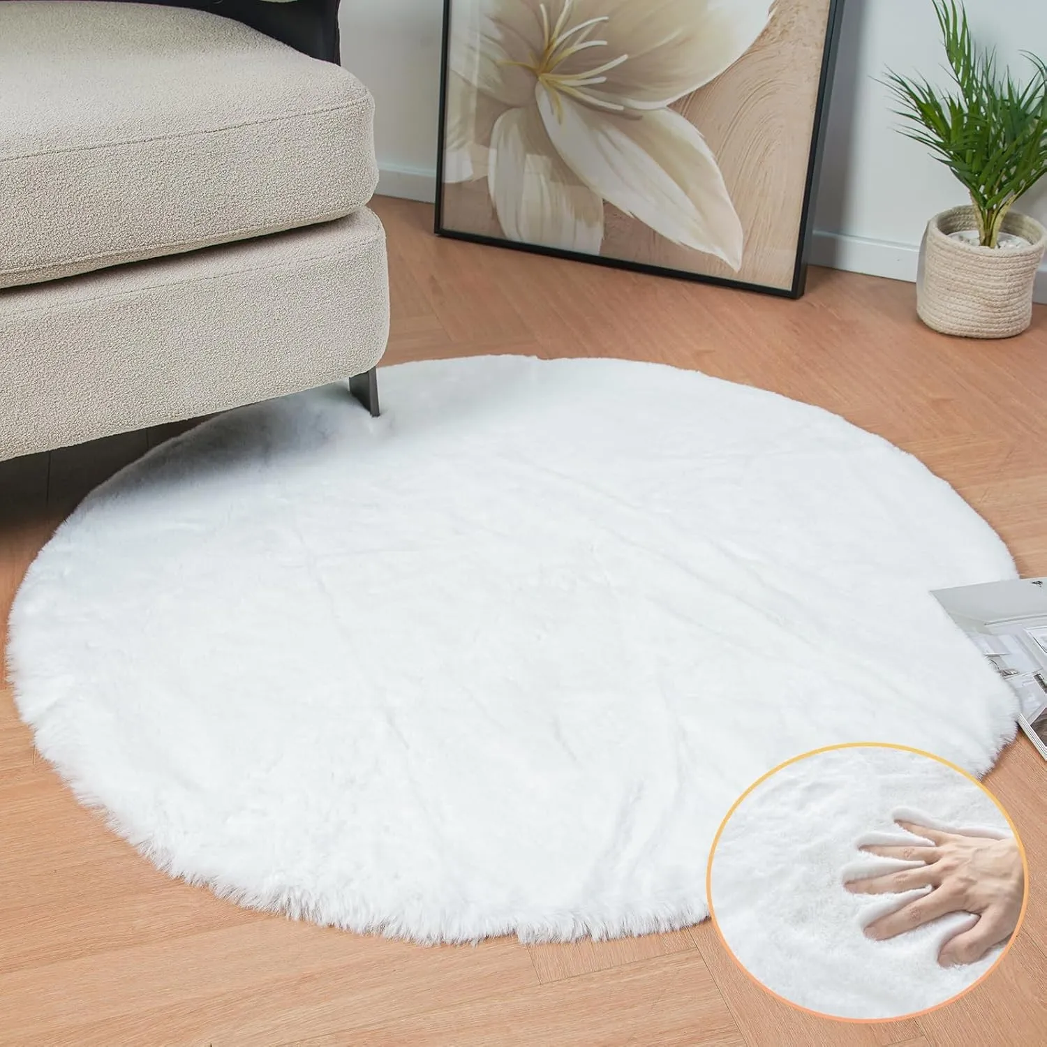 ORINOVA Runder Teppich Flauschig Weiß Fellteppich 120 cm Kunstfell Teppich Schlafzimmer Wohnzimmer Weich Bettvorleger K…