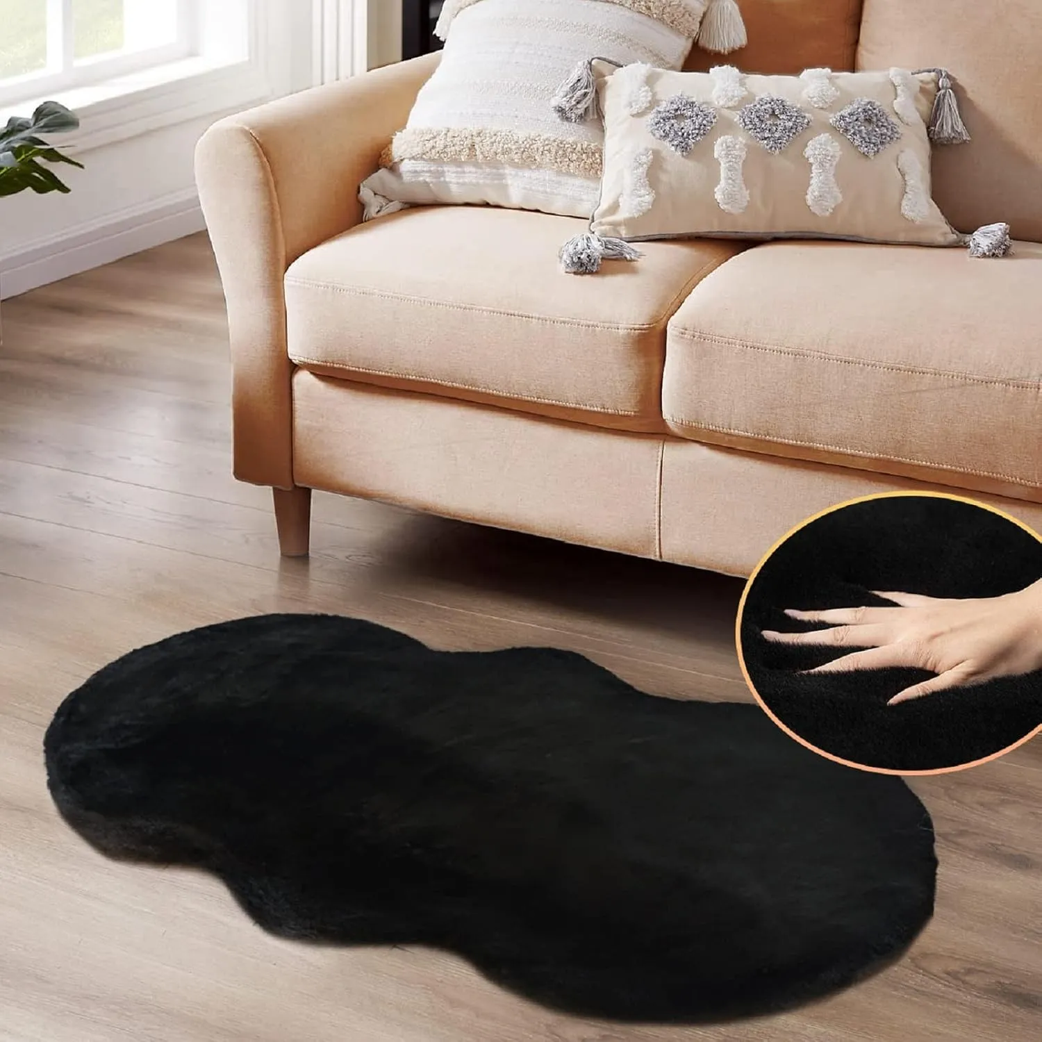 ORINOVA Teppich Schlafzimmer Flauschig Schwarz 60x120 cm Fellteppich Kunstfell Teppich Weich Wohnzimmer Waschbar Gegend…