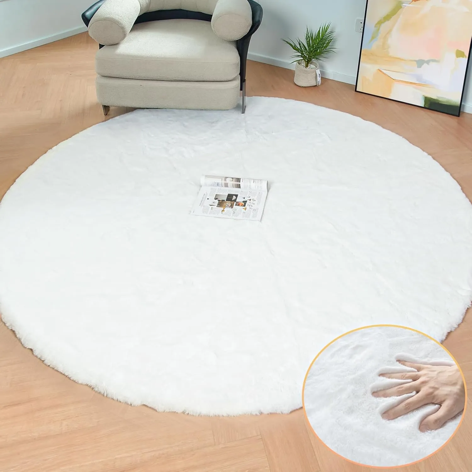 ORINOVA Runder Teppich 150 cm Weiß Wohnzimmer Flauschig Fellteppich Kunstfell Teppich Schlafzimmer Kinderzimmer Weich G…