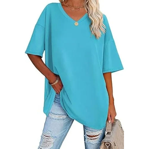 Ebifin Damen Oversize T Shirt mit V-Ausschnitt Kurzärmeliges Casual Lockere Basic Sommer Tee Shirts Bluse.