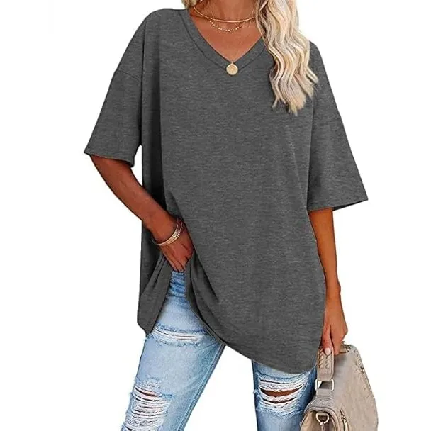 Ebifin Damen Oversize T Shirt mit V-Ausschnitt Kurzärmeliges Casual Lockere Basic Sommer Tee Shirts Bluse.