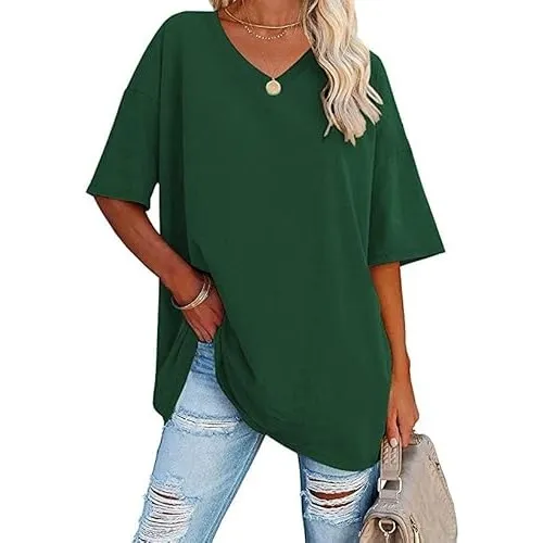 Ebifin Damen Oversize T Shirt mit V-Ausschnitt Kurzärmeliges Casual Lockere Basic Sommer Tee Shirts Bluse.