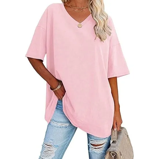 Ebifin Damen Oversize T Shirt mit V-Ausschnitt Kurzärmeliges Casual Lockere Basic Sommer Tee Shirts Bluse.