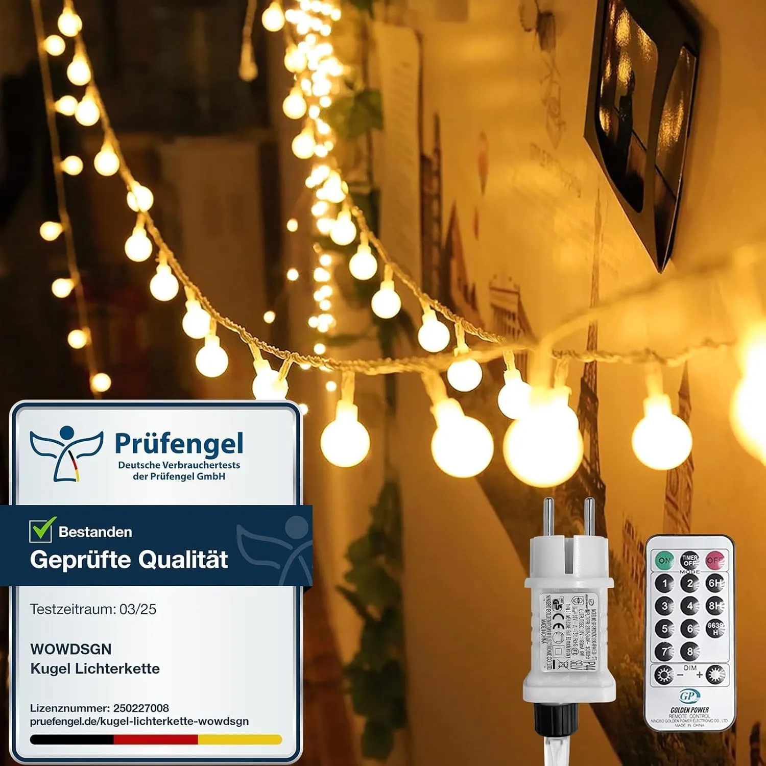 WOWDSGN Kugel Lichterkette, 100 LEDs 10m Dimmbar, Partylichterkette mit Stecker für Innen und Außen, 8 Leuchtmode, Eneg…