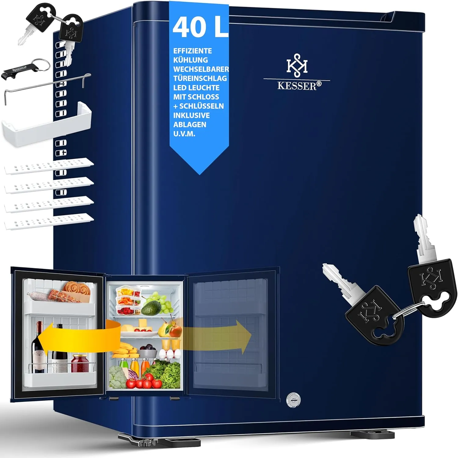 KESSER® Mini Kühlschrank 40L abschließbar Minibar ideal für Camping, Büro, Schlafzimmer, Hotel, Küche kleiner Kühlschrank komplett lautlos, wechselbarer Türanschlag, Innenbeleuchtung inkl. Glasöffner