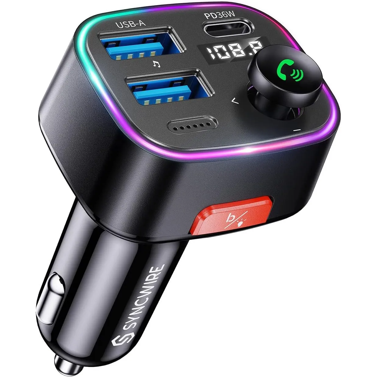 Syncwire FM Transmitter Auto Bluetooth 5.4 48W (PD 36W & 12W) Bluetooth Adapter Auto mit [Lichtschalter] [HiFi-Bass-Sou…