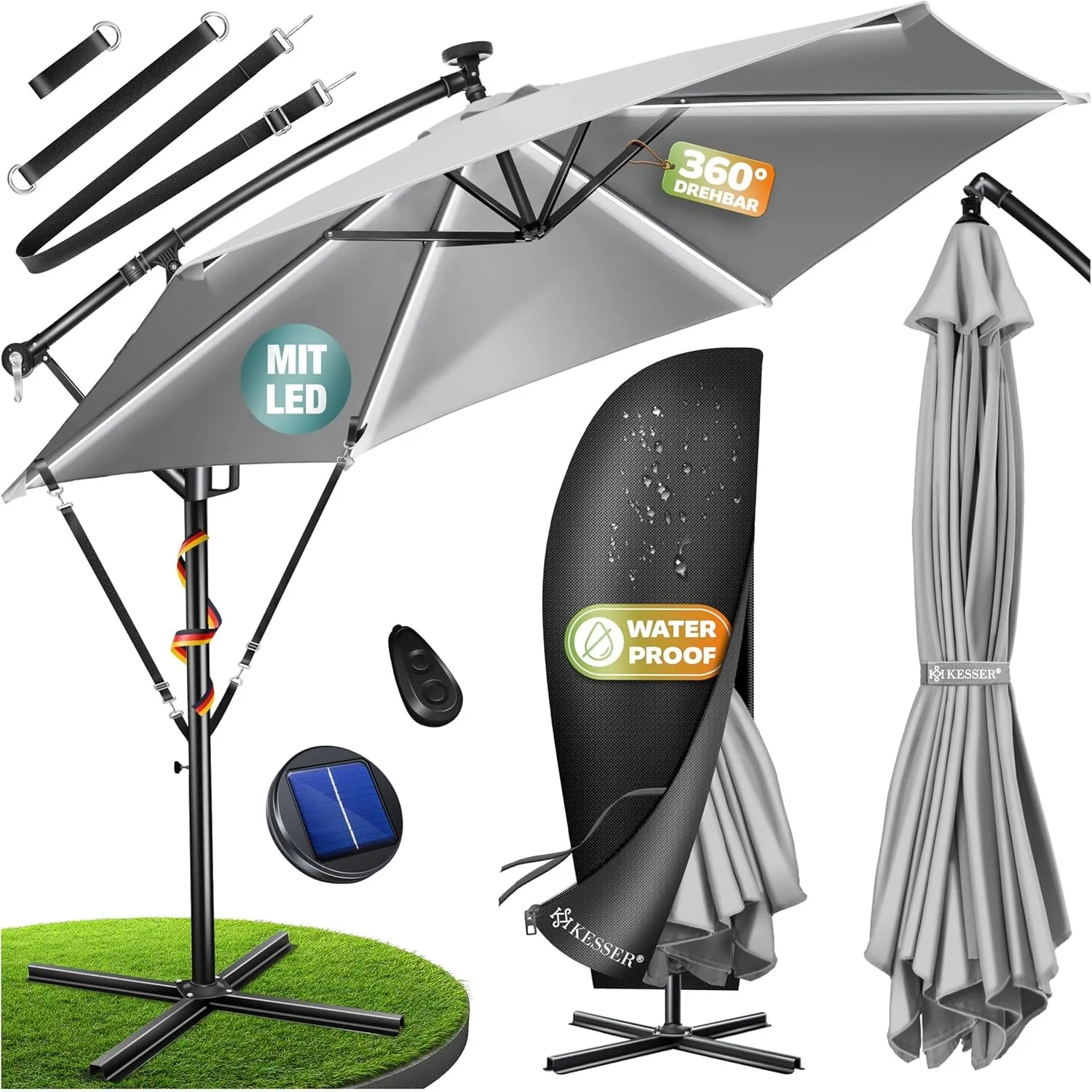 KESSER® Sonnenschirm Solar Ø 300 cm/Ø 350 cm mit LED Beleuchtung, Ampelschirm mit Kurbel, Garten, Sonnenschutz, Gestell…