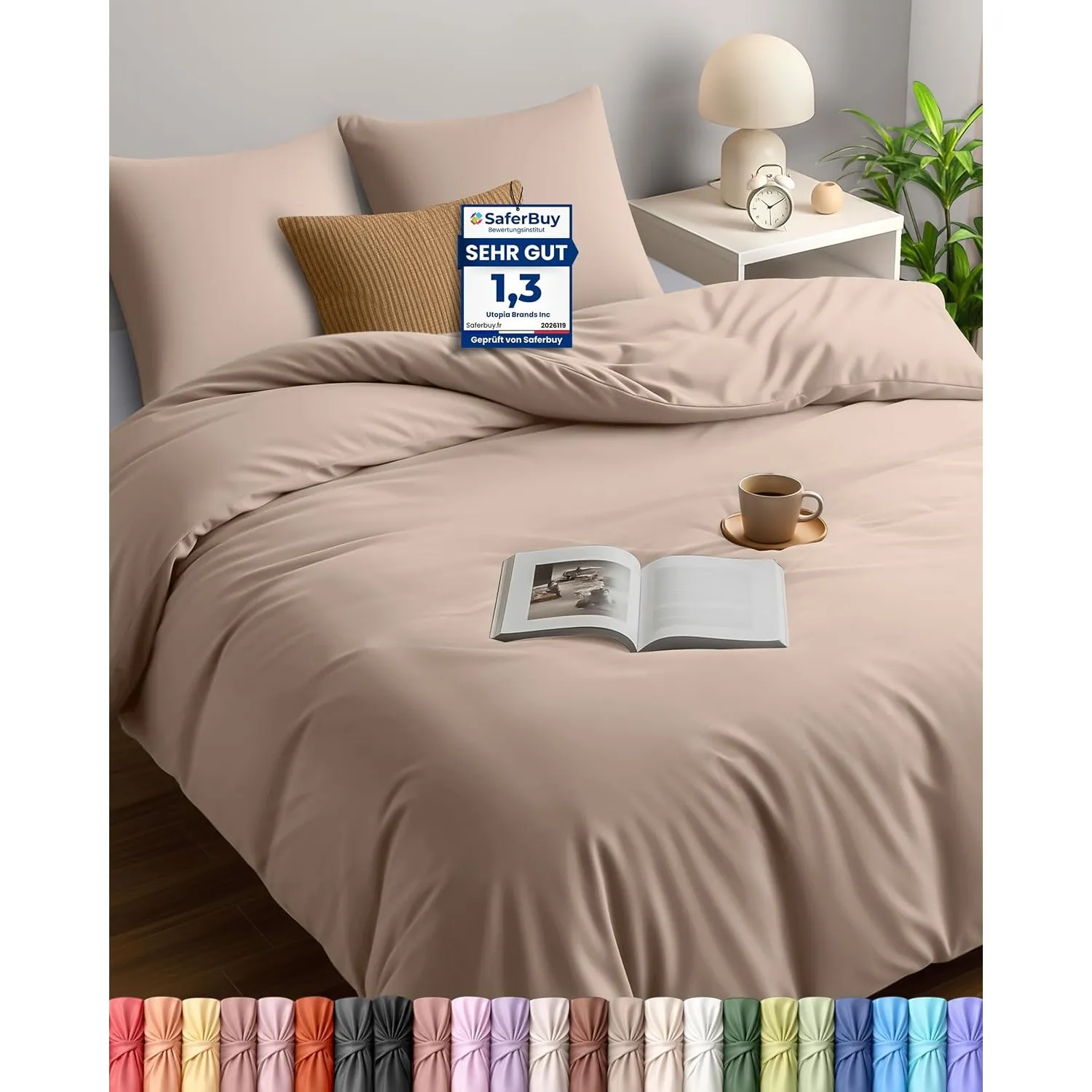 Utopia Bedding Bettwäsche 200x200 cm + 2 Kissenbezüge 80x80 cm, Beige