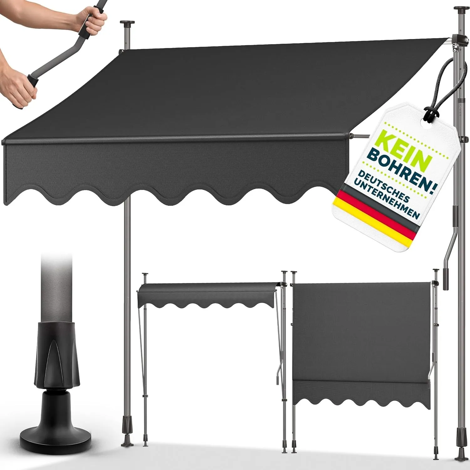 tillvex Klemmmarkise 300cm breit mit Handkurbel | Balkonmarkise ohne Bohren | Markise Balkon UV-beständig, wasserdicht …
