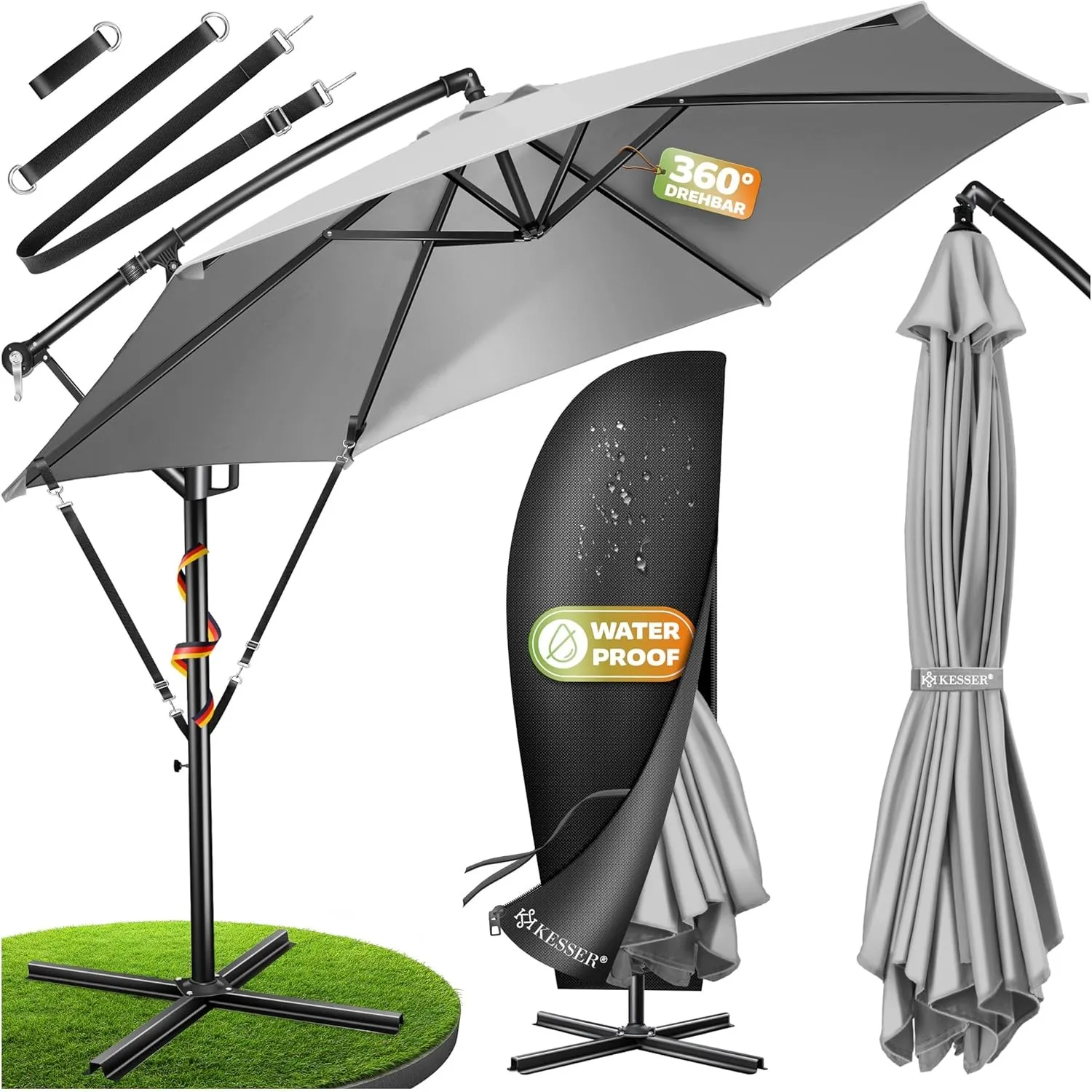 KESSER® Sonnenschirm Ø 350 cm, Ampelschirm mit Kurbel, für Balkon, Terrasse & Garten, Sonnenschutz, Gestell & Ständer a…