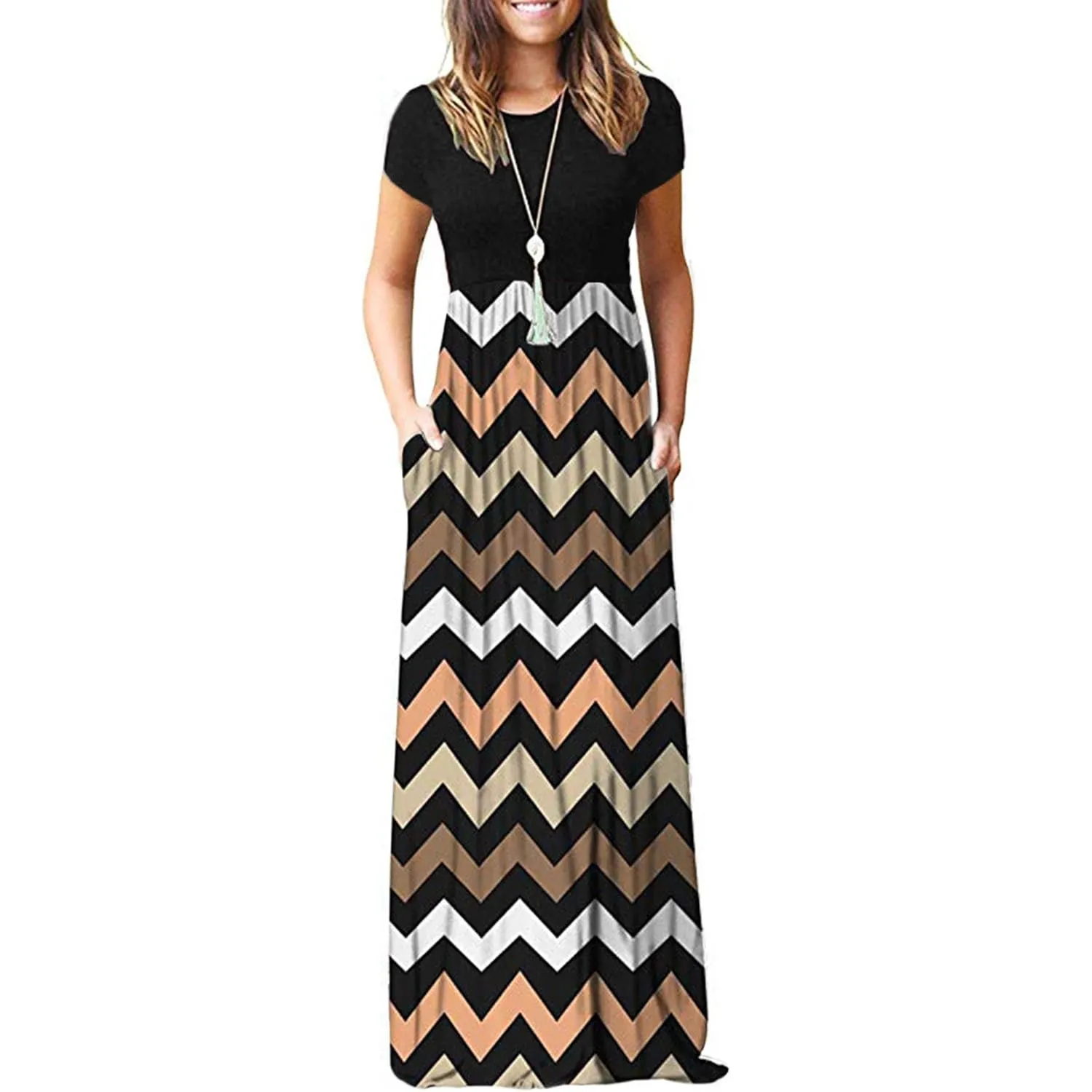 AUSELILY Damen Kurzarm Sommer Casual Long Maxi Kleider mit Taschen | Ganzjähriges Tragen, solider Blumendruck, Freizeit…