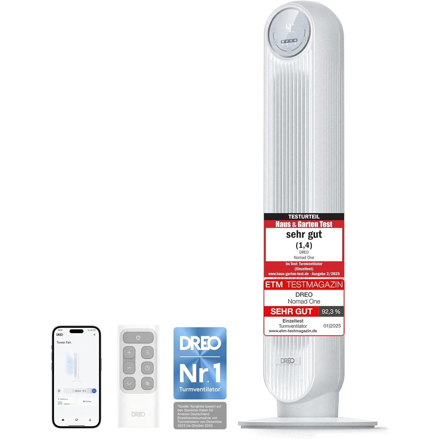 Dreo Smart 20dB Leiser Turmventilator, 10 m Wurfweite 4 Geschwindigstufen 4 Modi 8 Std. Timer 90° oszillierende Ventila…