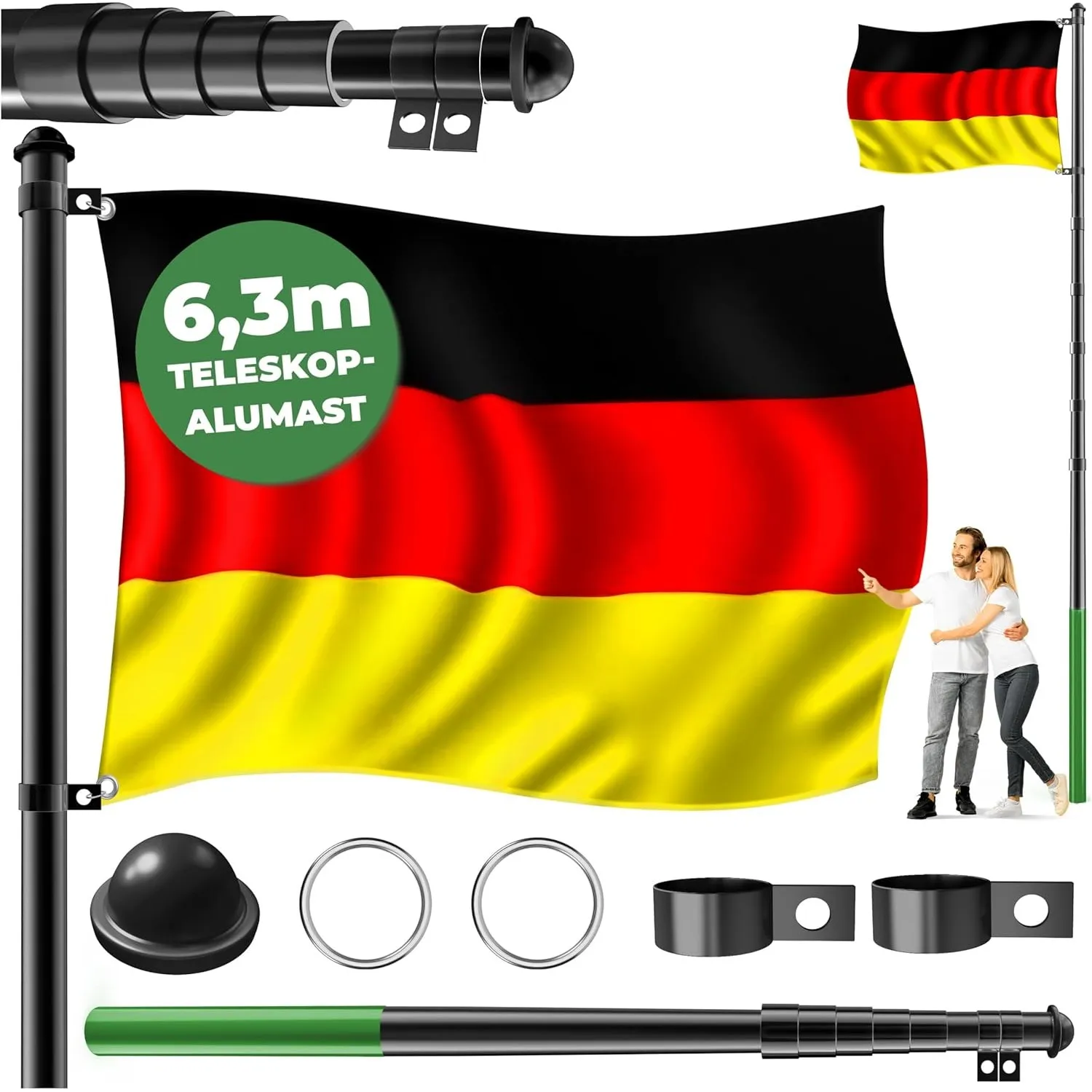KESSER® Teleskop Fahnenmast Aluminium 6,30m Bodenhülse 60cm inkl Deutschlandfahne Höhenverstellbar Flaggenmast Mast Deu…
