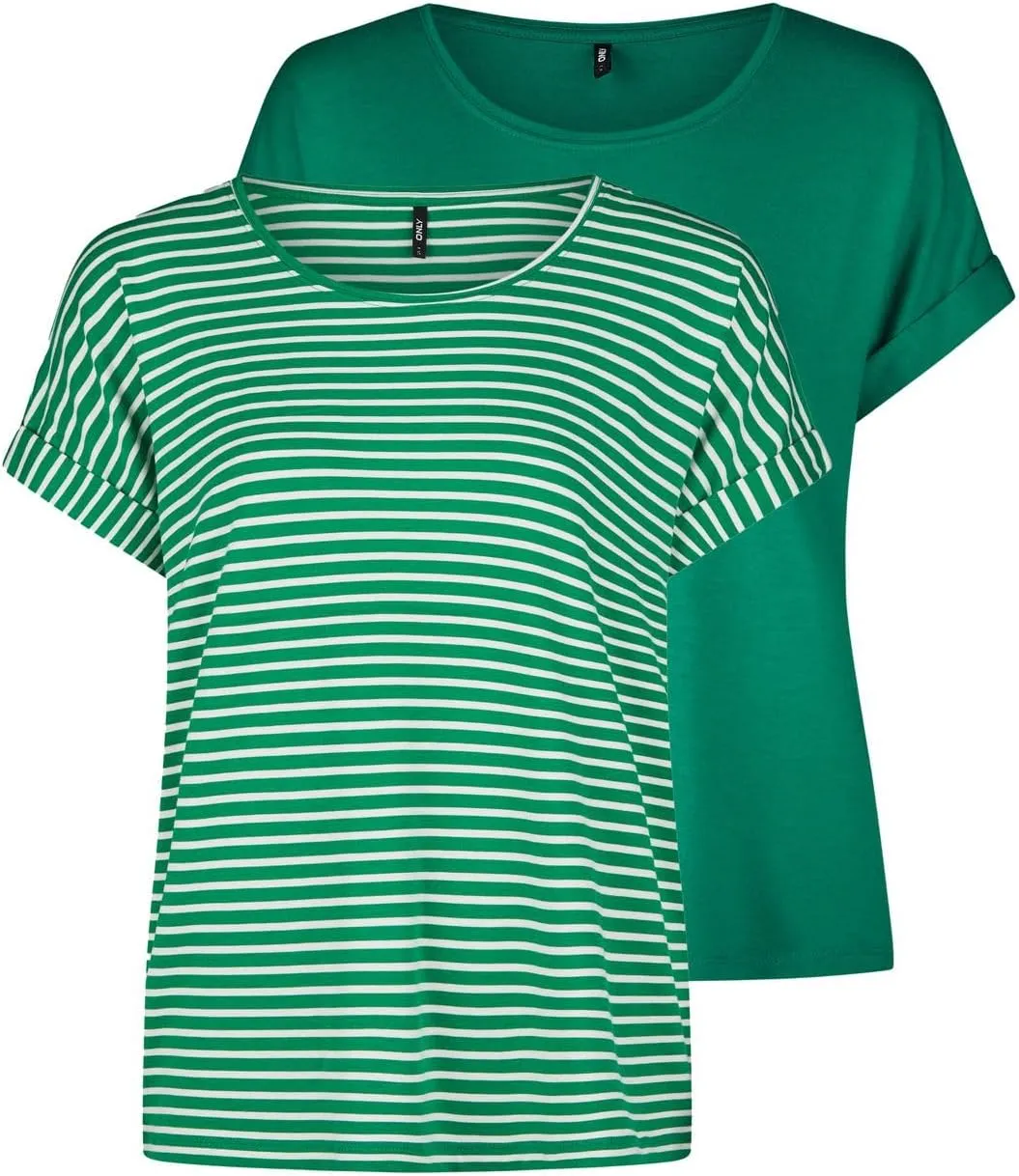 ONLY Tshirt Damen Bluse Top ONLMOSTER 2er Pack Regular Fit Rundhals Basic Kurzarm Shirt Streifen Braun Blau Rose Grün S…