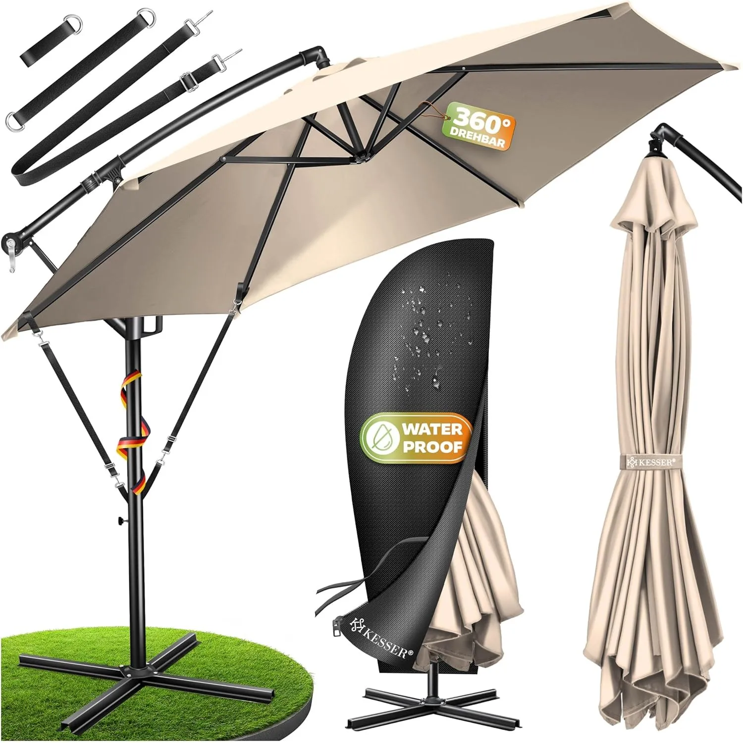 KESSER® Sonnenschirm Ø 350 cm, Ampelschirm mit Kurbel, für Balkon, Terrasse & Garten, Sonnenschutz, Gestell & Ständer a…