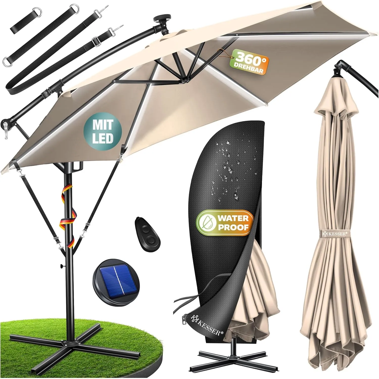 KESSER® Sonnenschirm Solar Ø 300 cm/Ø 350 cm mit LED Beleuchtung, Ampelschirm mit Kurbel, Garten, Sonnenschutz, Gestell…