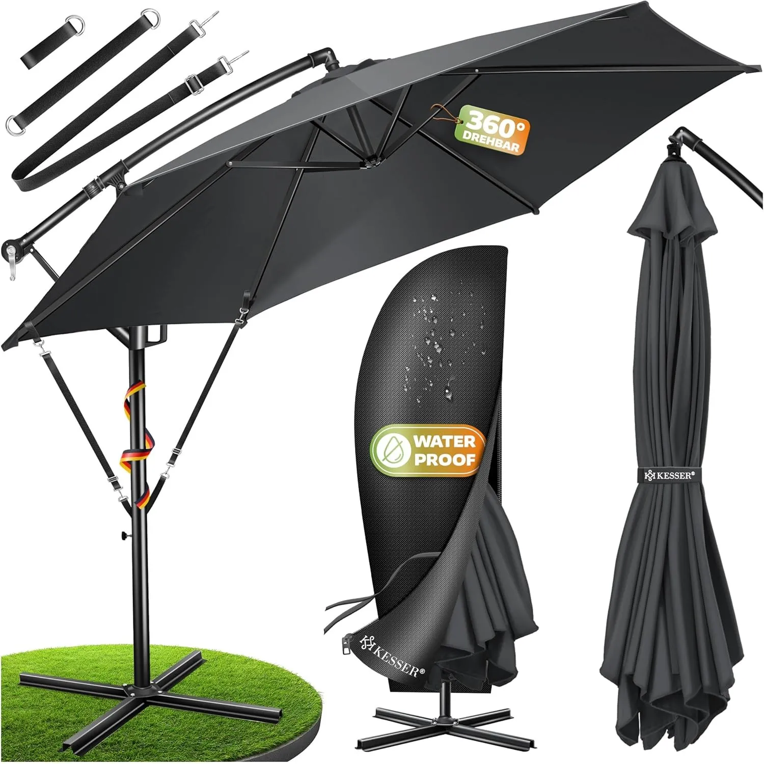 KESSER® Sonnenschirm Ø 350 cm, Ampelschirm mit Kurbel, für Balkon, Terrasse & Garten, Sonnenschutz, Gestell & Ständer a…