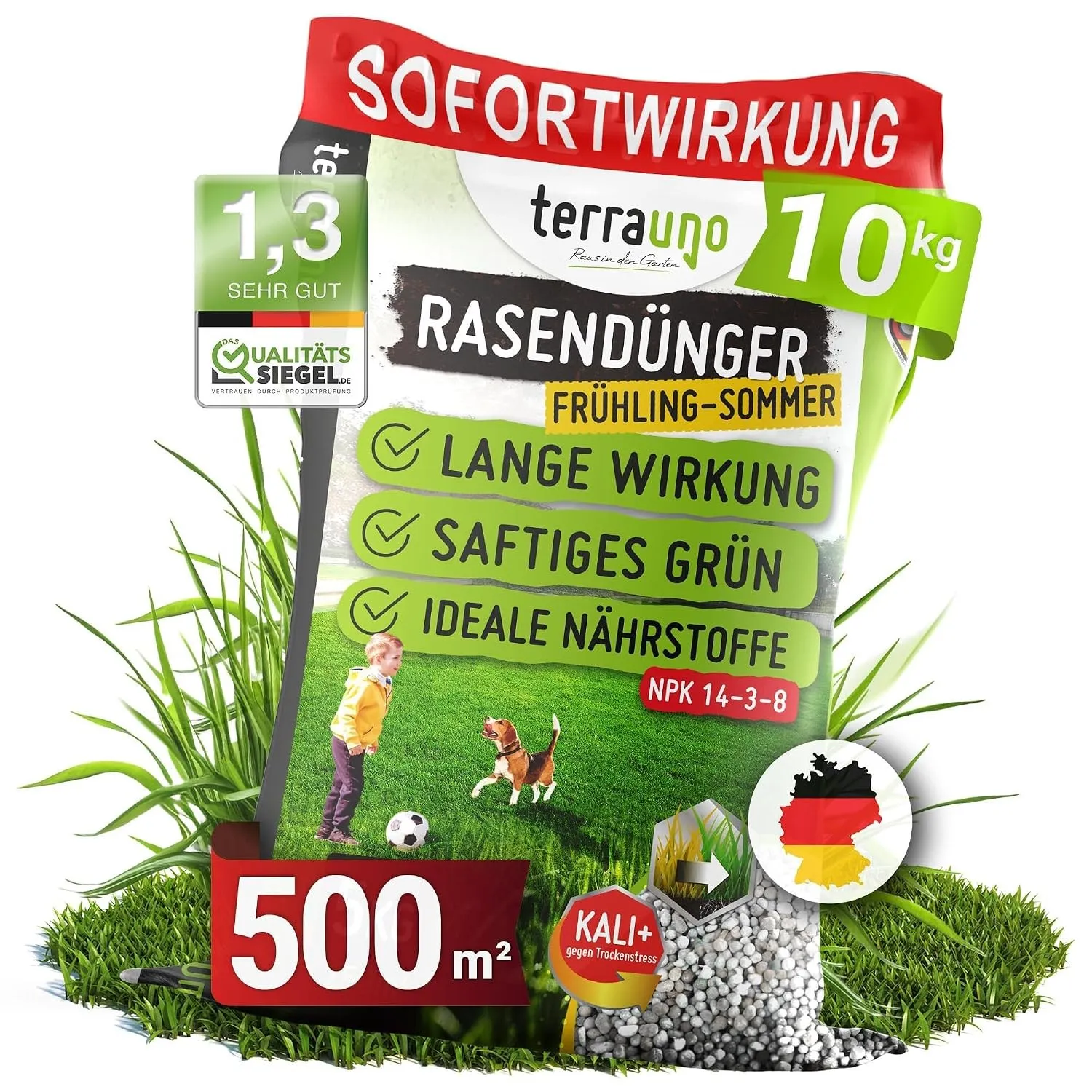 TerraUno Rasendünger Frühjahr/Sommer I Sofortwirkung für saftiges grün I 10 kg für 500 m² I gesunder Rasen verdrängt Mo…