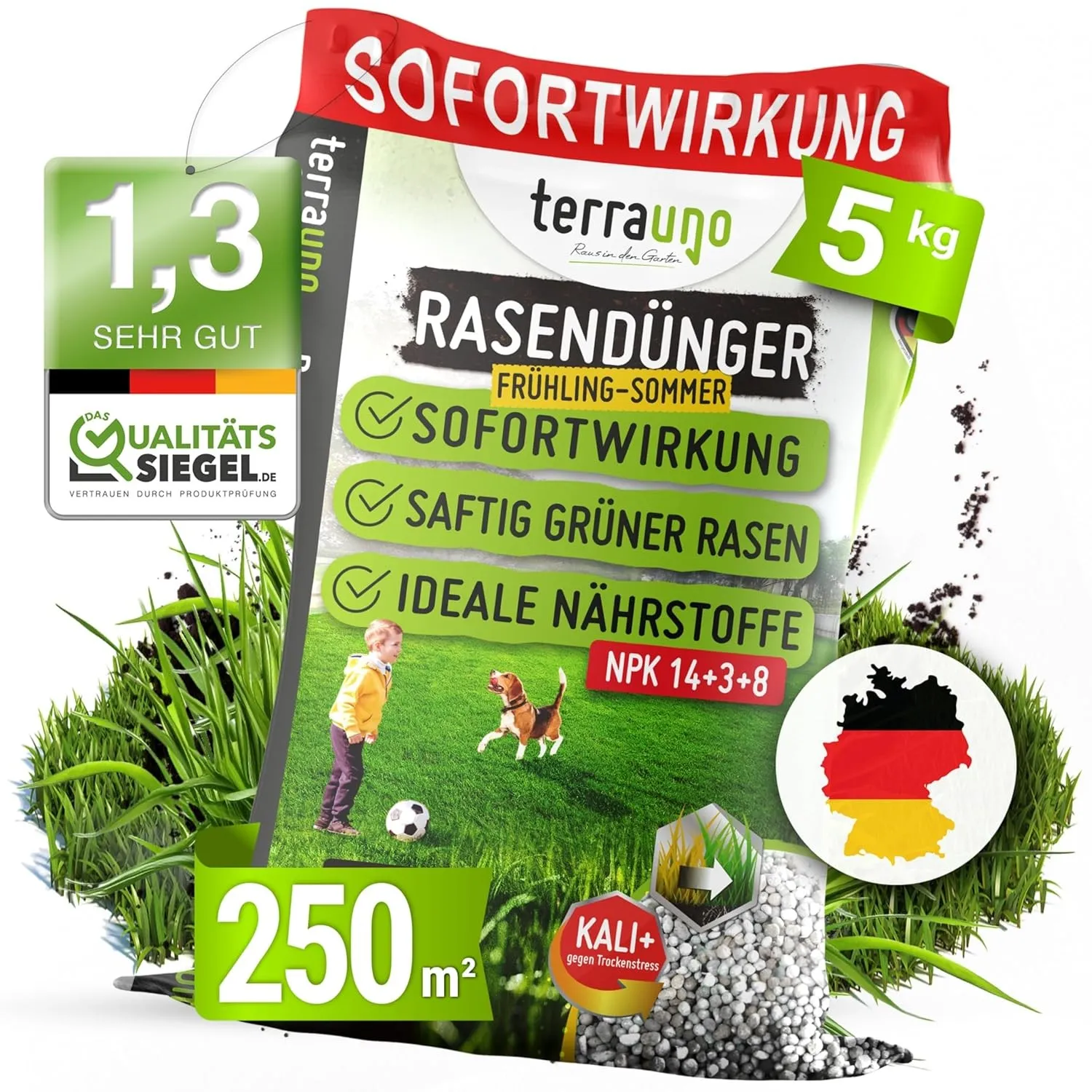 TerraUno Rasendünger Frühjahr/Sommer I Sofortwirkung für saftiges grün I 5 kg für 250 m² I gesunder Rasen verdrängt Moo…