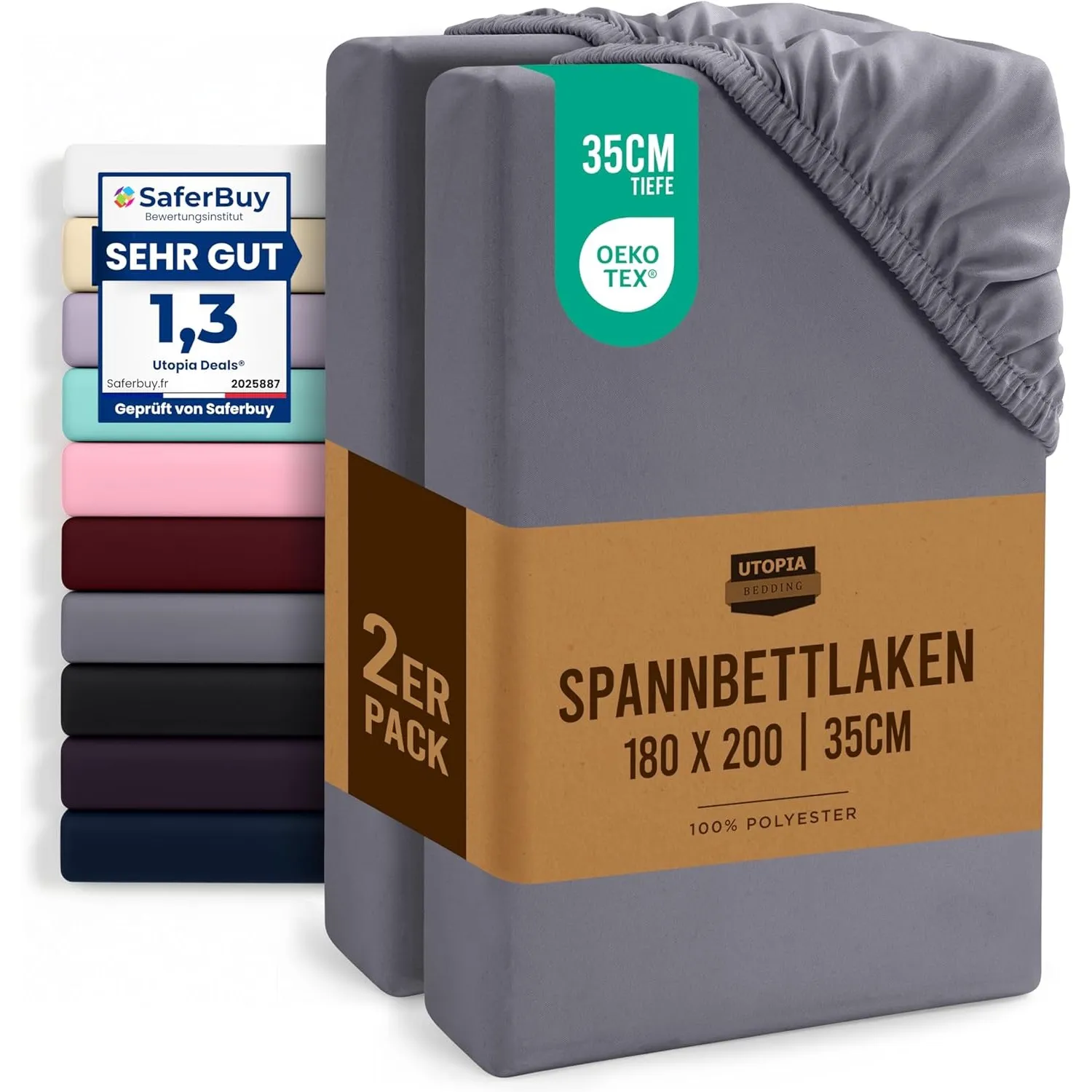 Utopia Bedding - 2er Set Spannbettlaken 180x200cm - Grau | Oeko-Tex Zertifiziertes - Gebürstete Mikrofaser Spannbetttuc…