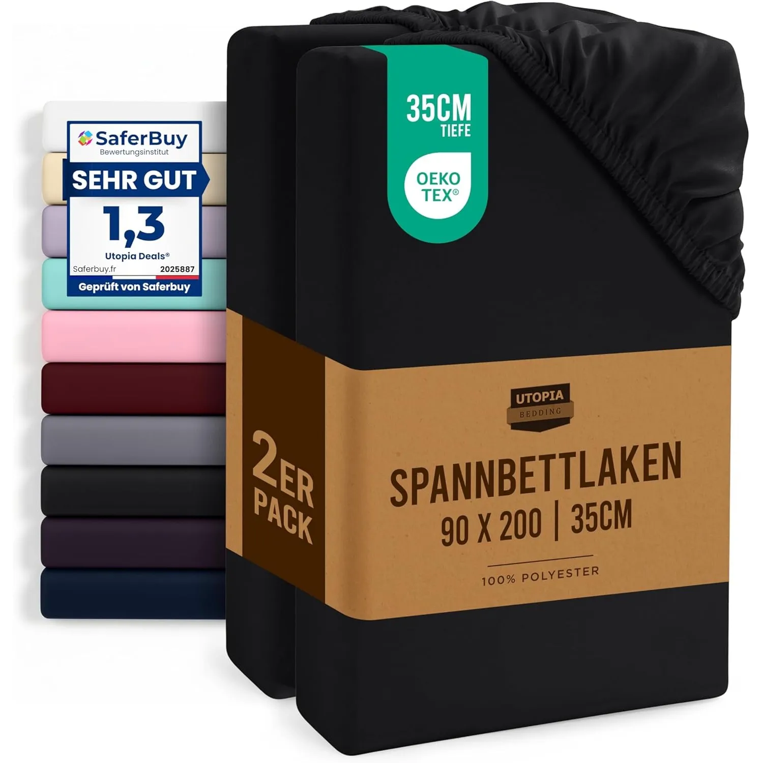 Utopia Bedding - 2er Set Spannbettlaken 90x200cm - Schwarz - Oeko-Tex Zertifiziertes - Gebürstete Mikrofaser Spannbettt…
