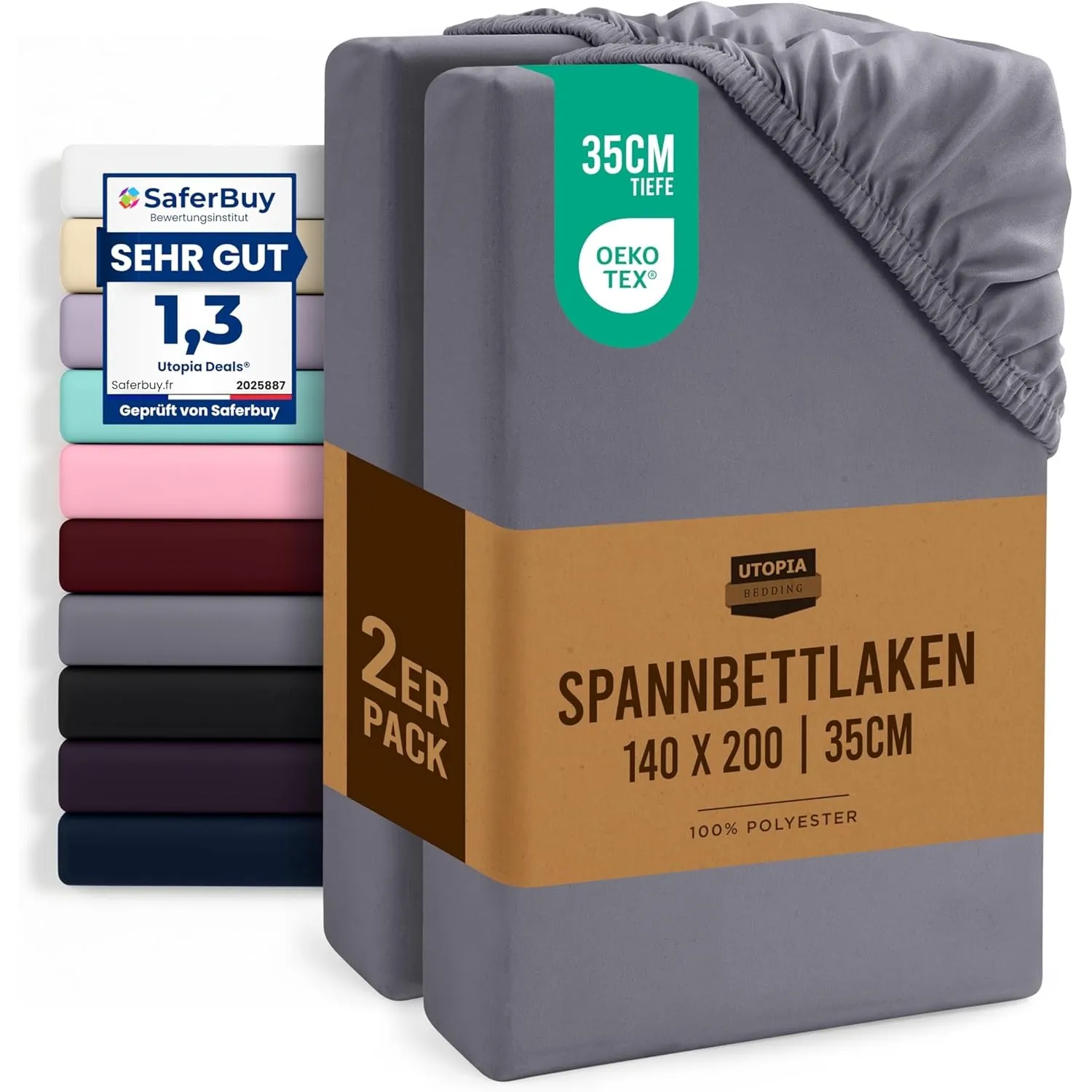 Utopia Bedding - 2er Set Spannbettlaken 140x200cm - Grau | Oeko-Tex Zertifiziertes - Gebürstete Mikrofaser Spannbetttuc…