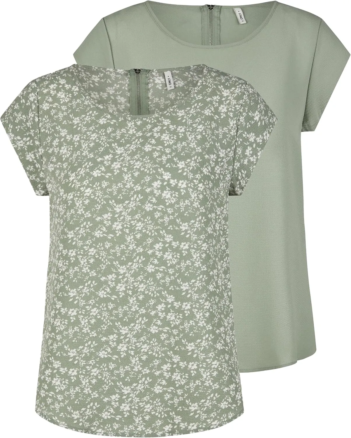 ONLY ONLVIC Women's Top, Pack of 2 Basic Shirts, Crew Neck, Regular Fit Blouse, Short Sleeve Top, Zip, Pattern, Summer,…