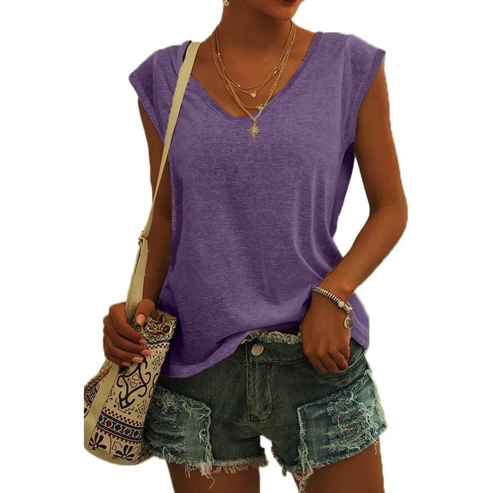 GeGekoko Damen T-Shirt Kurzarm V-Ausschnitt Flügelärmeln Oberteile Blusen Sommer Casual Lose Tank Top Basic Mädchen Tops