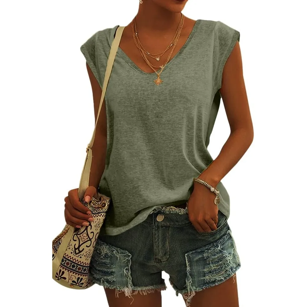 GeGekoko Damen T Shirt V-Ausschnitt Sommer Basic Top | Flügelärmeln,Loose Fit,Oversize,Oberteile,Locker,Tank Top,Casual…