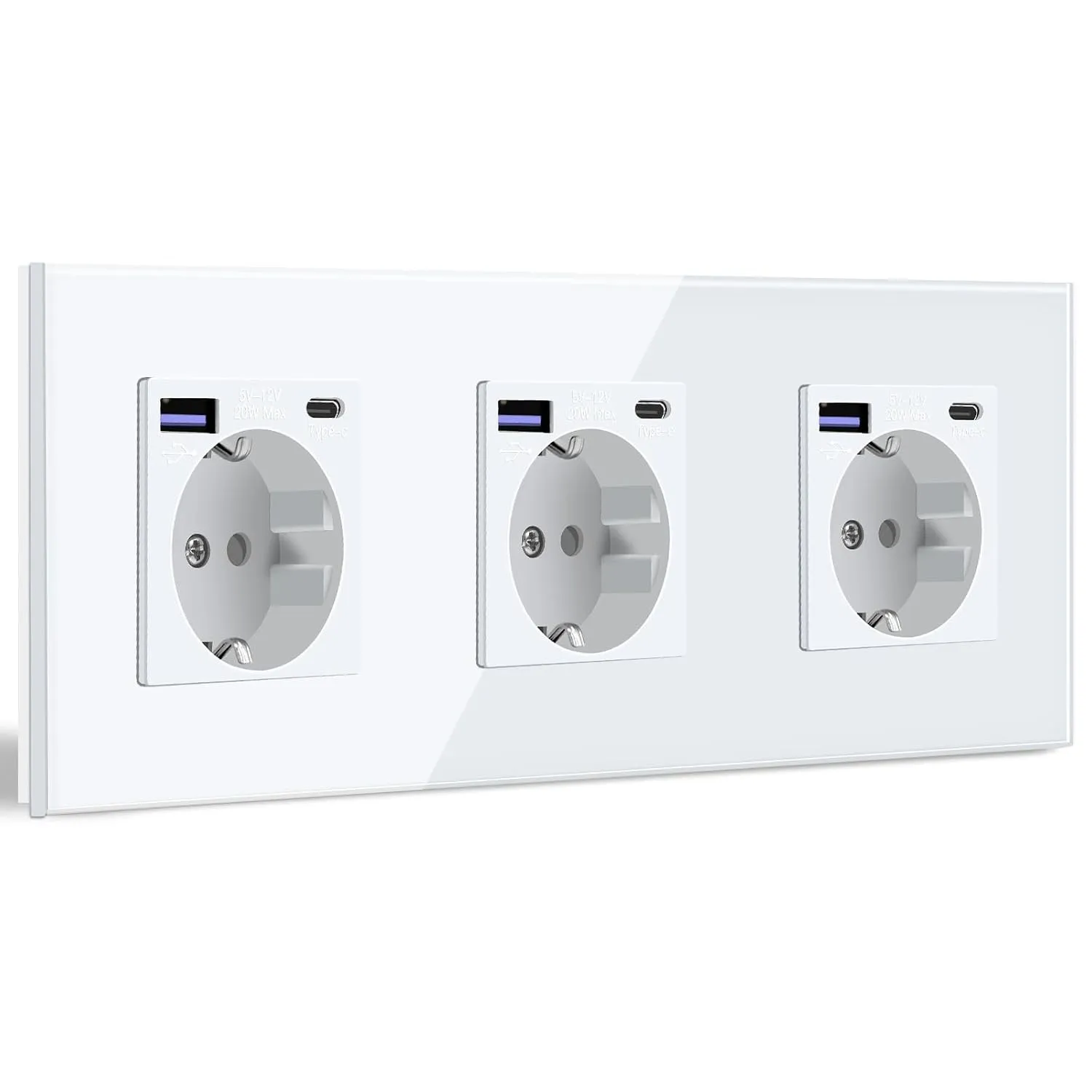 BSEED Schuko USB C Steckdose 20W Schnellladegerät Mit Glas Panel - 3 Fach Unterputz Einbausteckdose Für Phone, Pad, MP3…