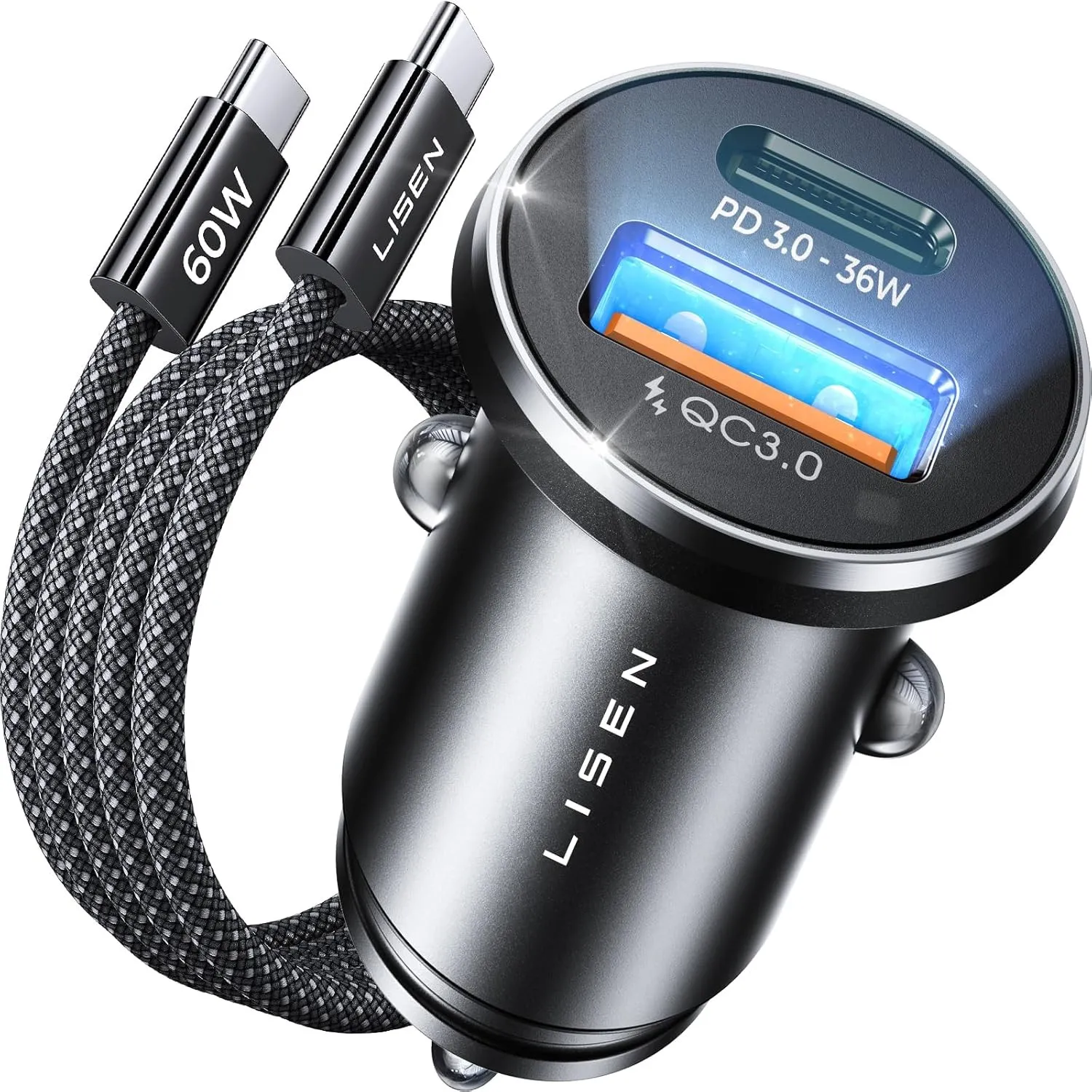 LISEN 54W Zigarettenanzünder USB C Adapter Auto Ladegerät mit 60W Kabel