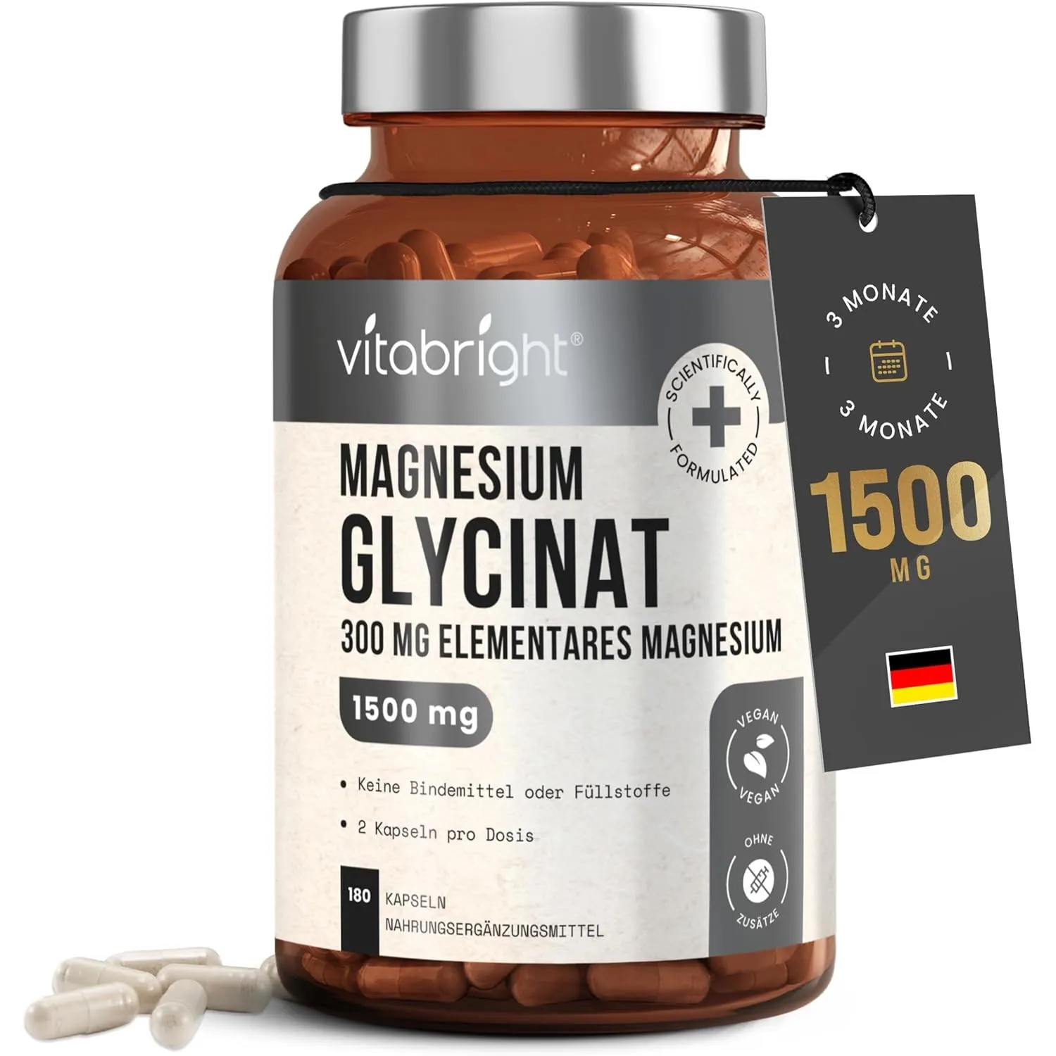 Magnesium Bisglycinat 300 mg | 180 Kapseln | 3 Monate Vorrat | Hochdosiert Chelatiertes Magnesium Glycinat | Vegan | Oh…
