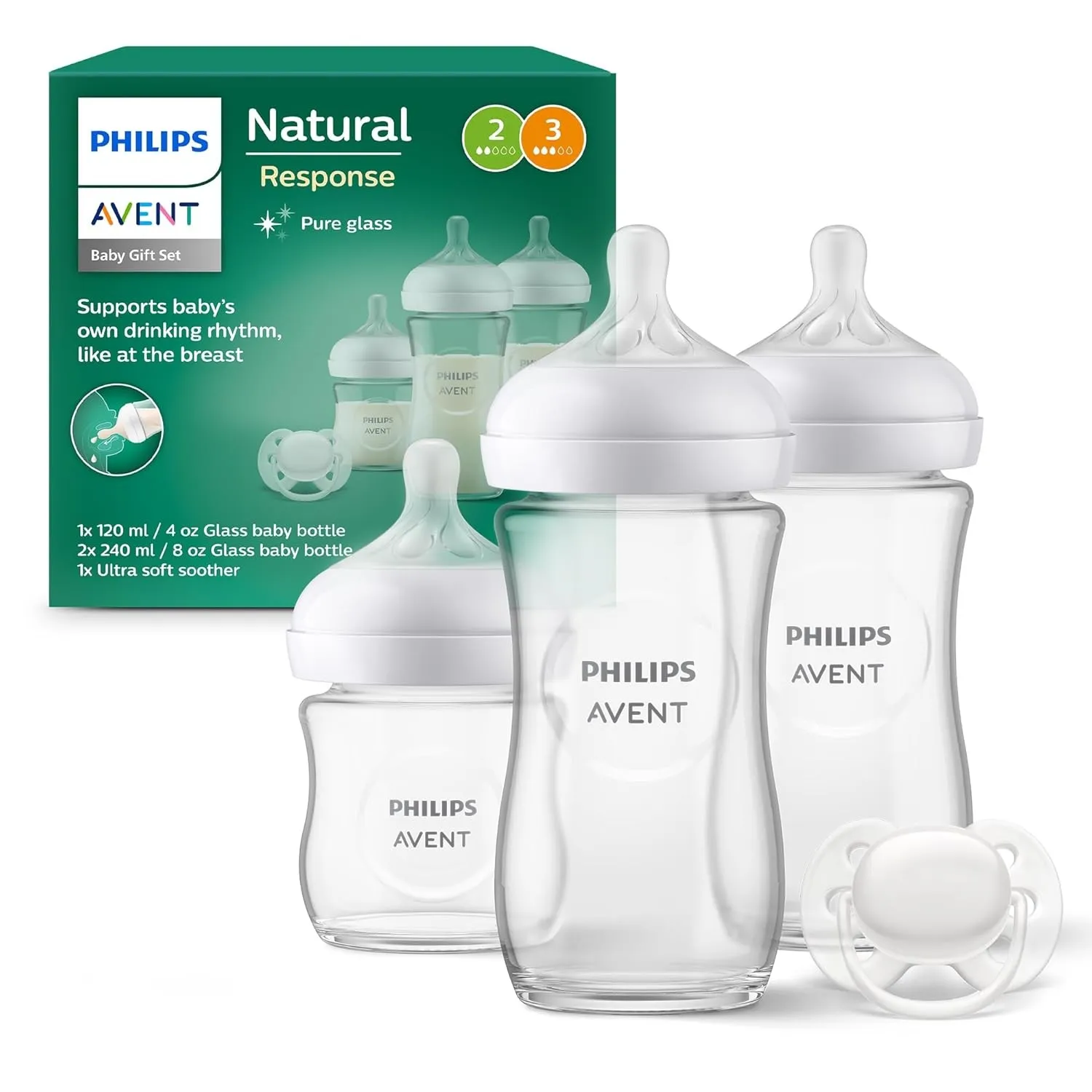 Philips AVENT Babyflaschen aus Glas, Geschenkset für Neugeborene – 3 Babyflaschen Natural Response, ultra soft Schnulle…